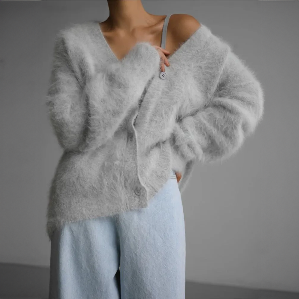 Women's Fuzzy V-Neck Cardigan