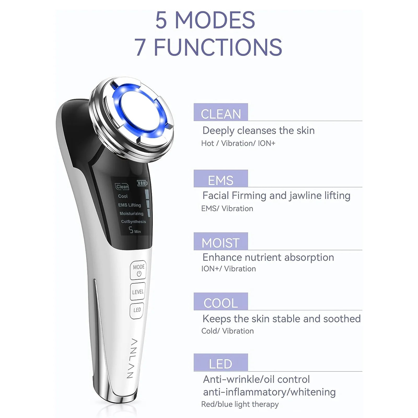 EMS Microcurrent Facial Lifting Device | 5-in-1 Face Massager with Hot Cold Therapy & Deep Cleansing