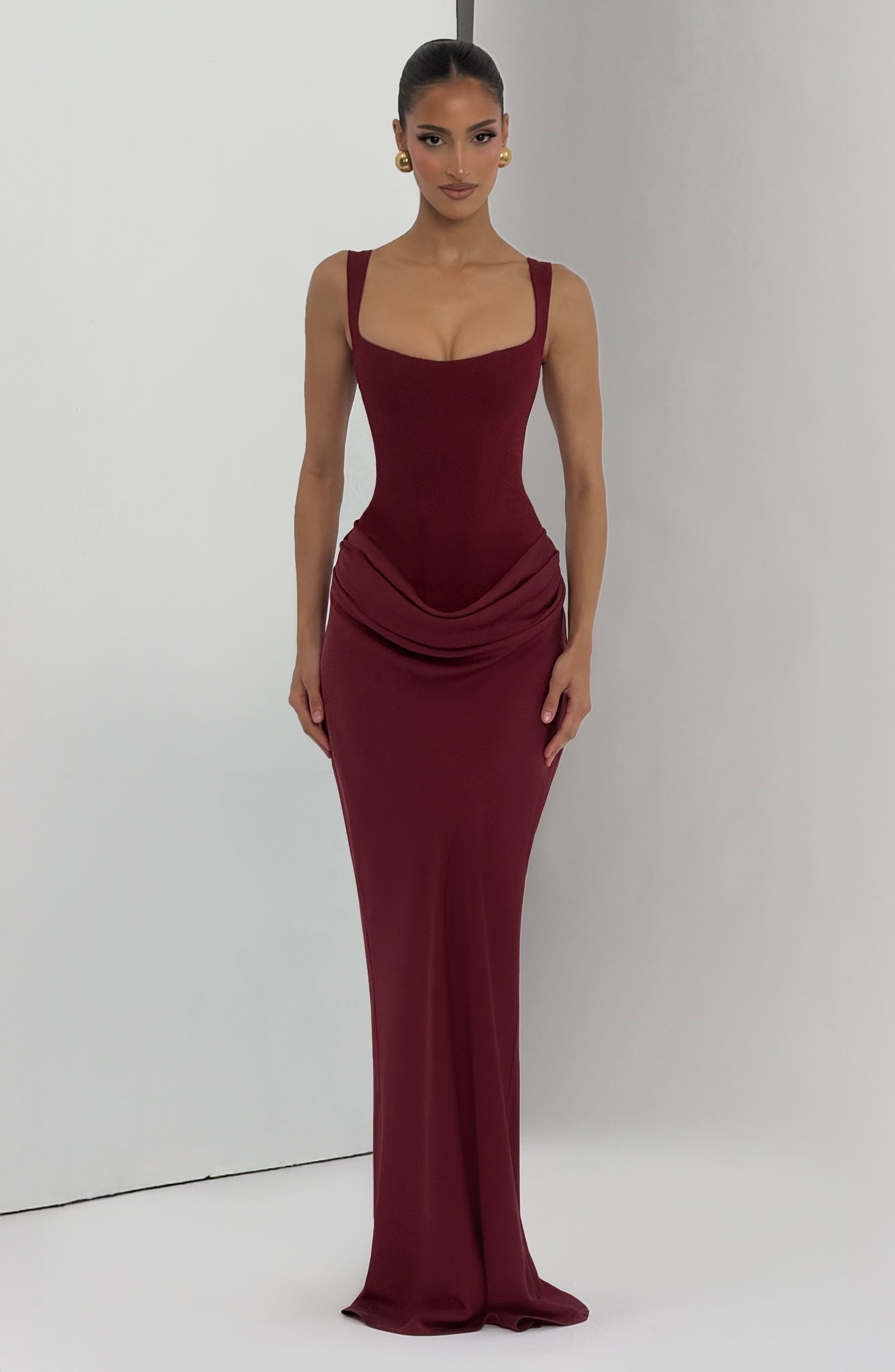 Isolde Maxi Dress – Burgundy | Square-Neck Formal Maxi Gown | Black-Tie, Prom & Wedding Guest