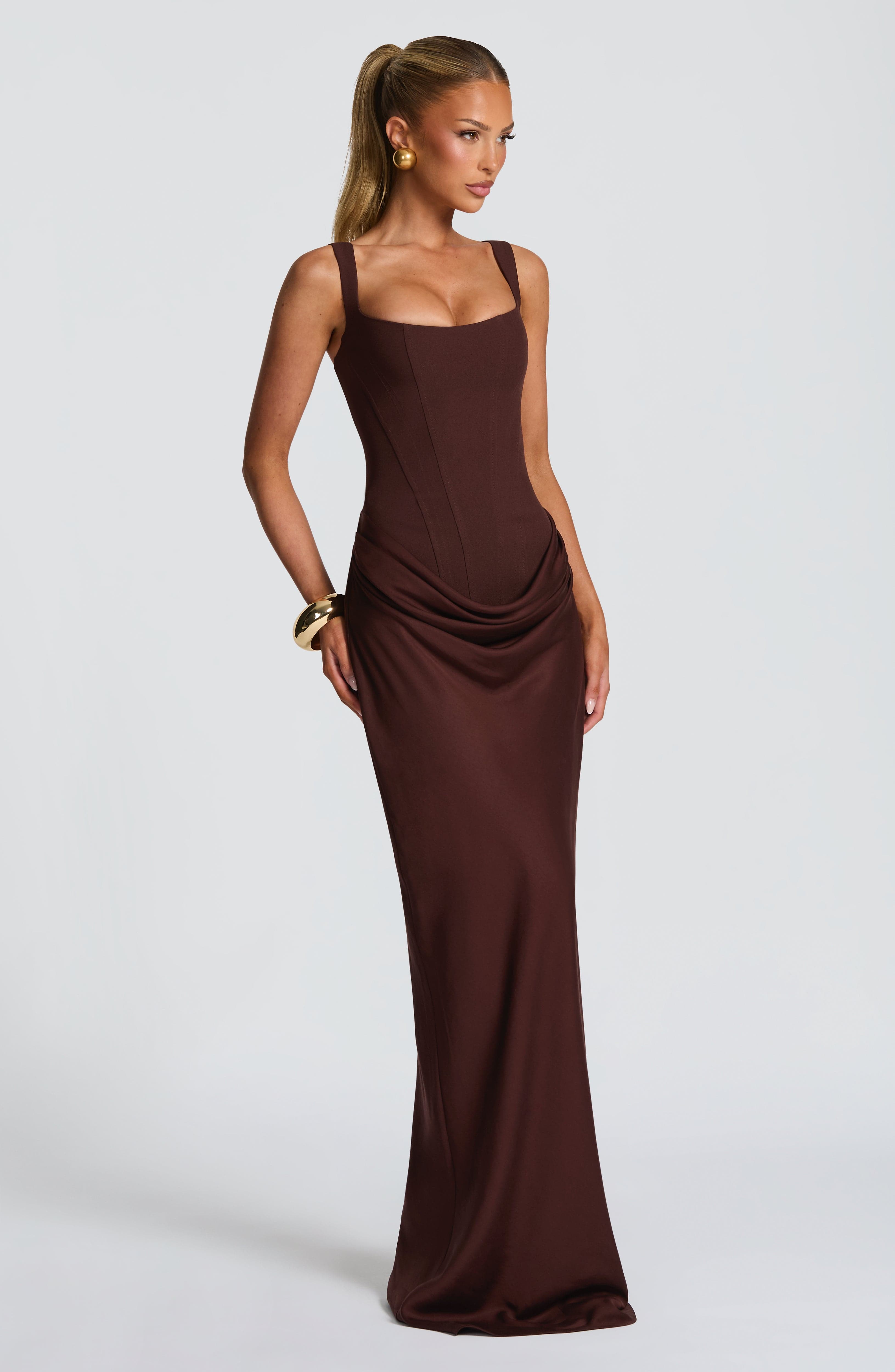 Adriana Maxi Dress – Plum Brown | Cowl-Neck Sleeveless Satin Gown | Black-Tie, Prom & Destination Wedding