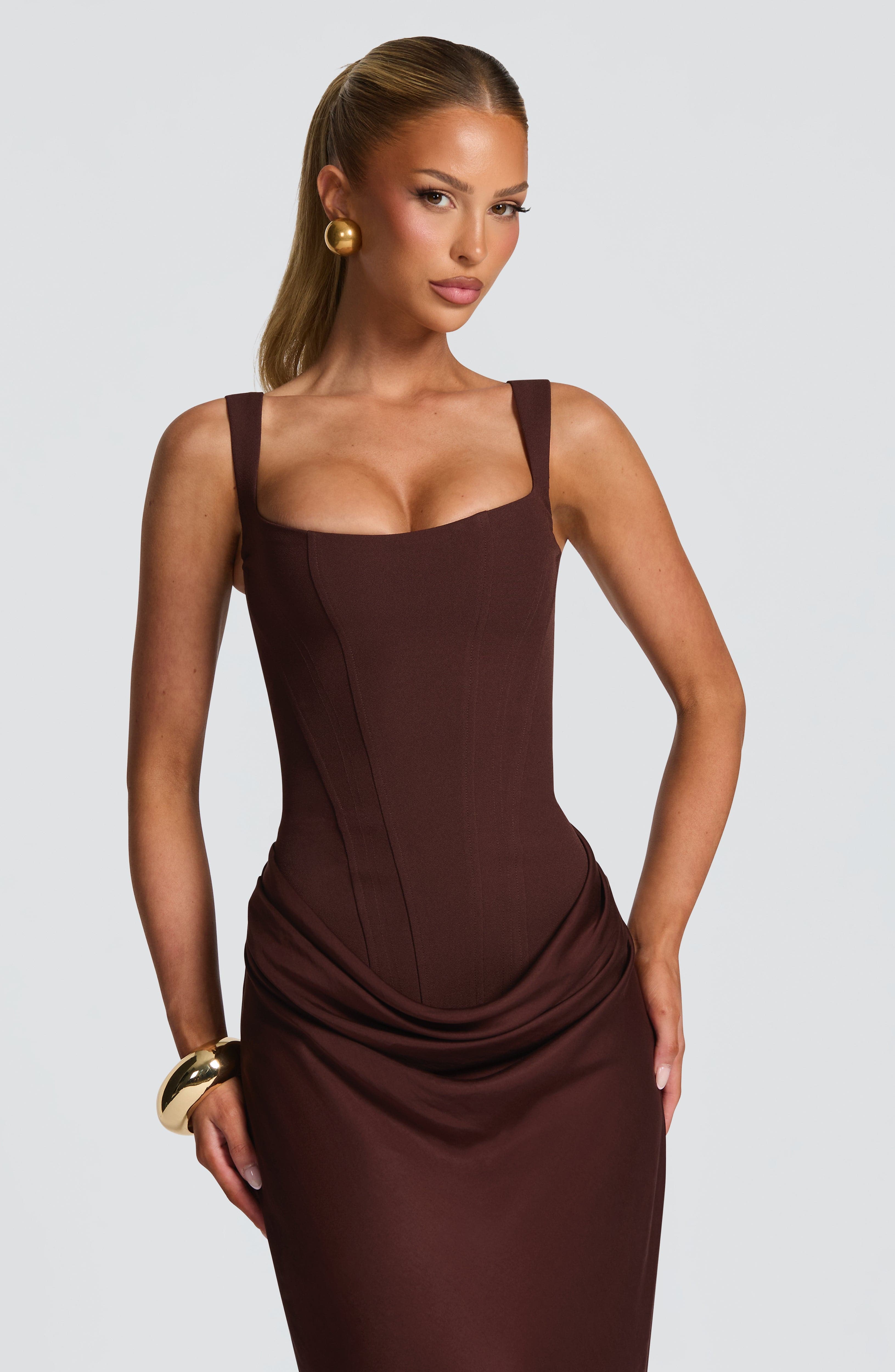 Adriana Maxi Dress – Plum Brown | Cowl-Neck Sleeveless Satin Gown | Black-Tie, Prom & Destination Wedding