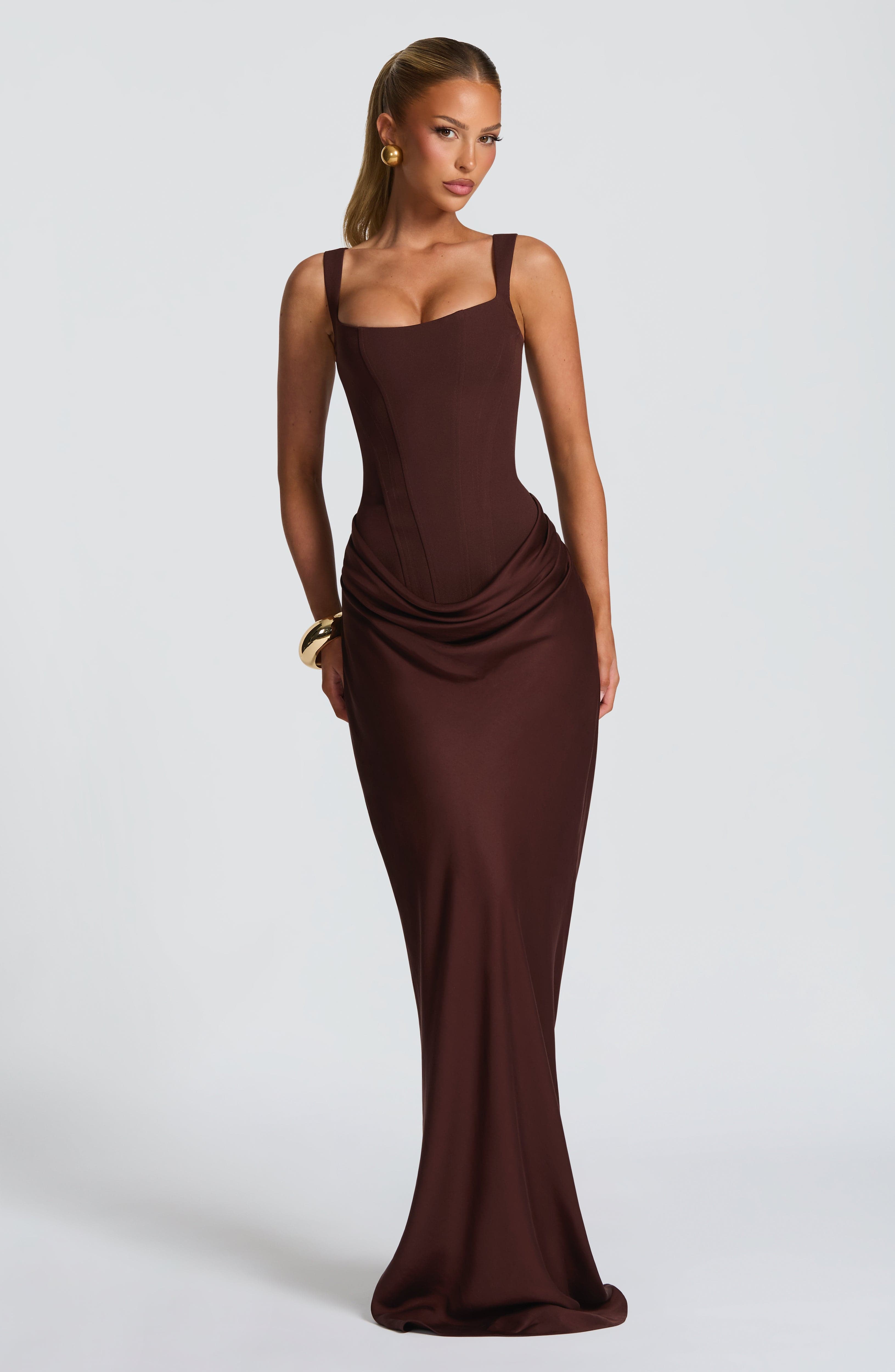 Adriana Maxi Dress – Plum Brown | Cowl-Neck Sleeveless Satin Gown | Black-Tie, Prom & Destination Wedding