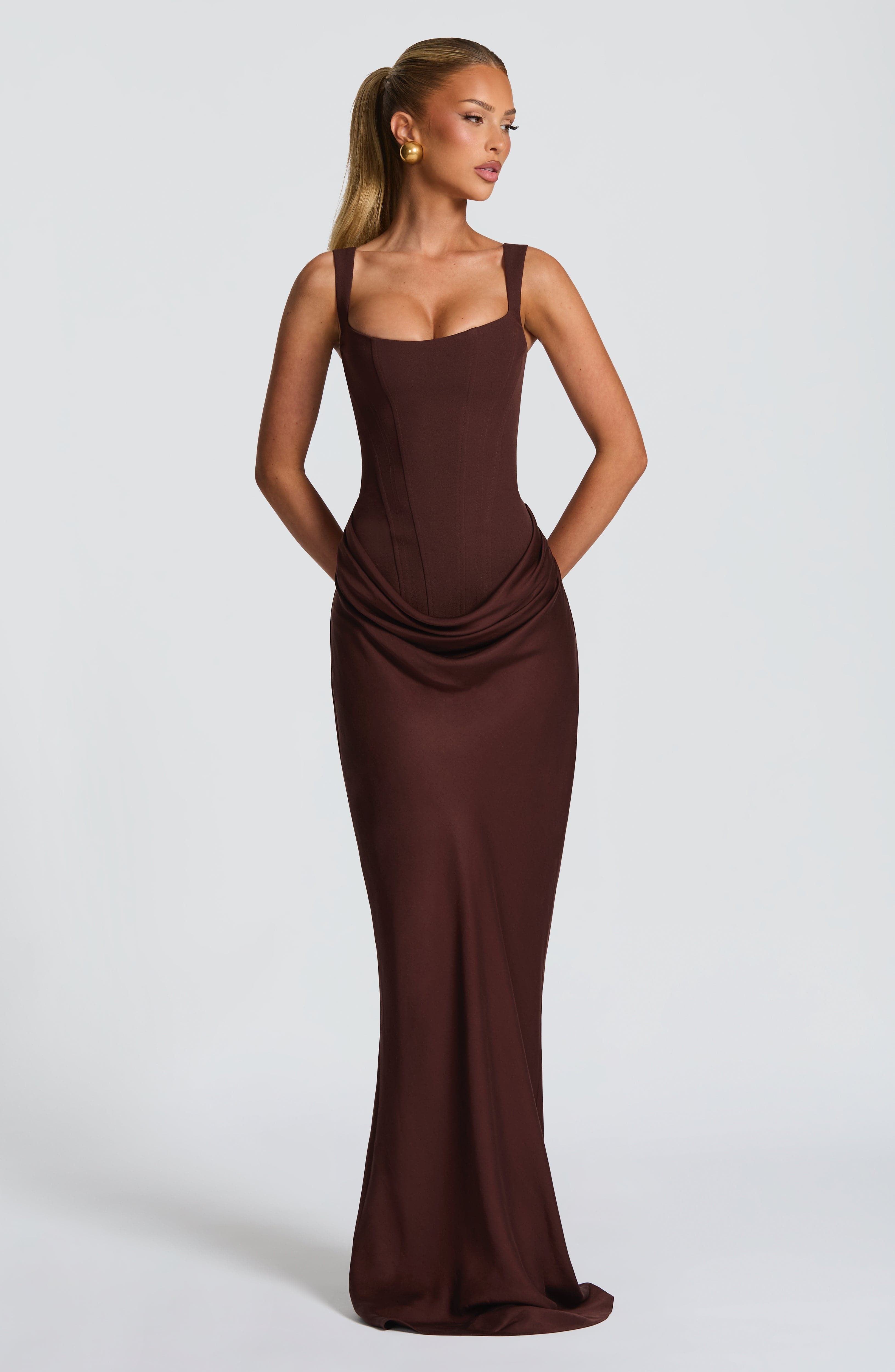 Adriana Maxi Dress – Plum Brown | Cowl-Neck Sleeveless Satin Gown | Black-Tie, Prom & Destination Wedding