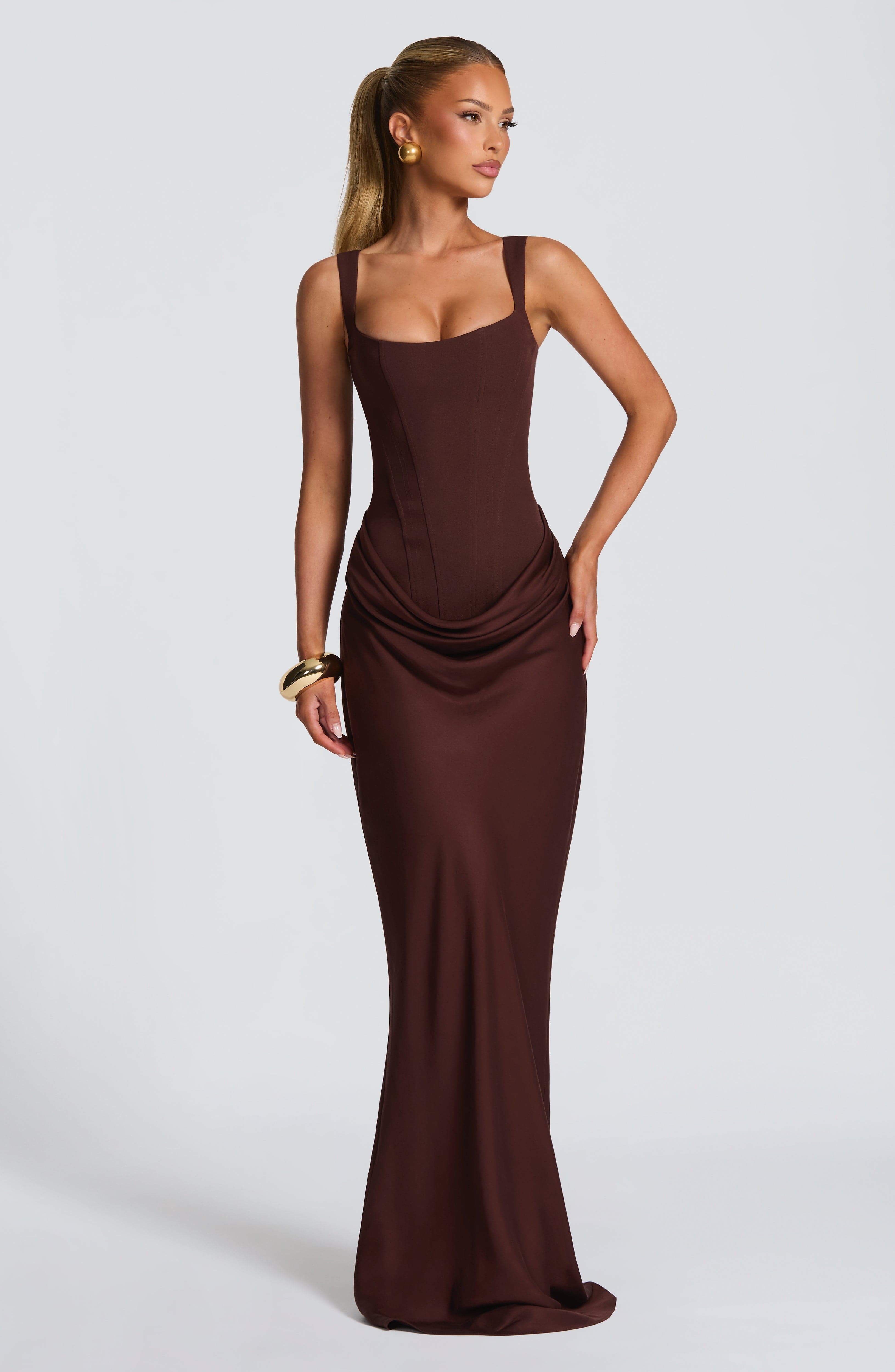 Adriana Maxi Dress – Plum Brown | Cowl-Neck Sleeveless Satin Gown | Black-Tie, Prom & Destination Wedding