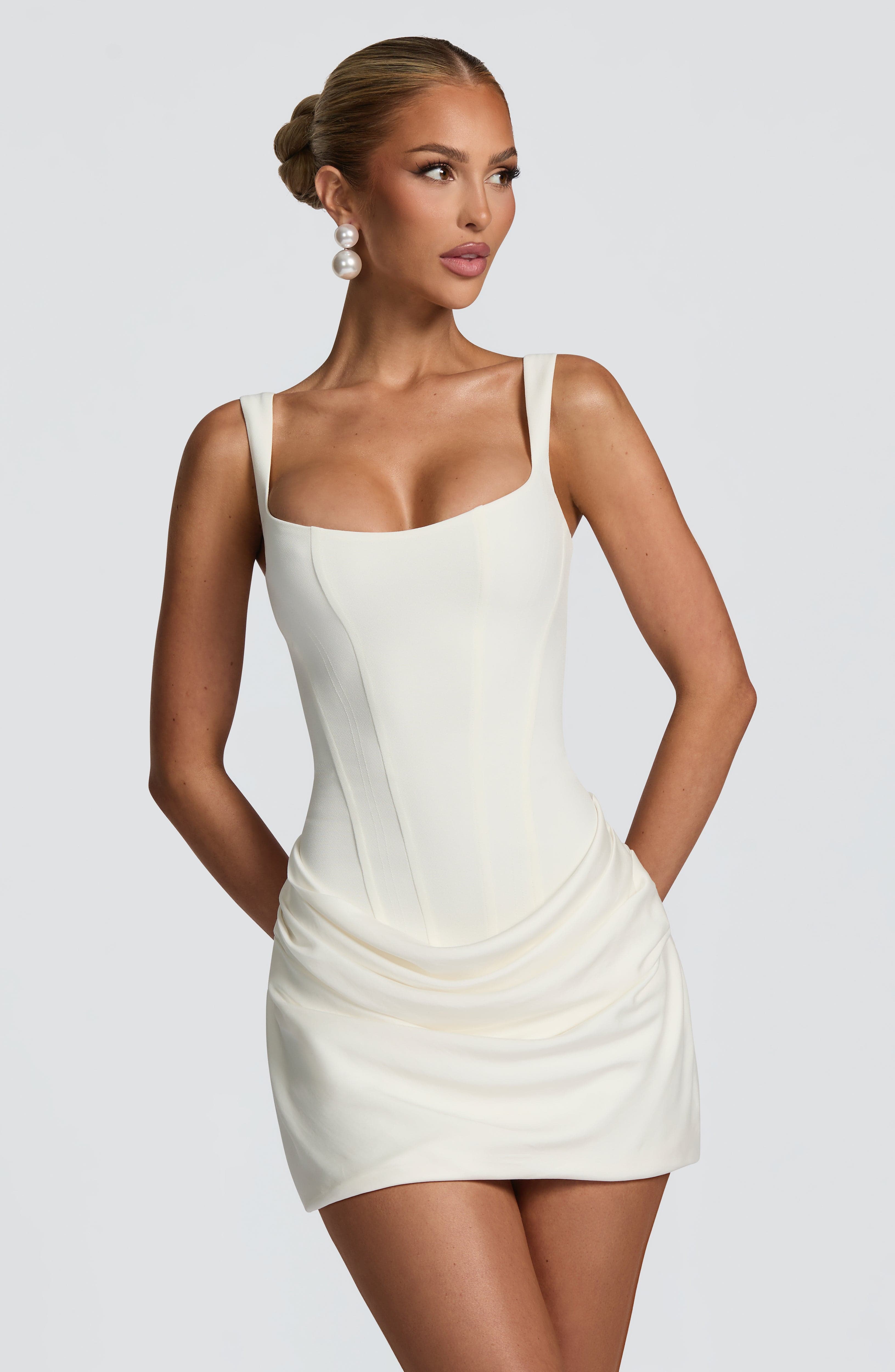 Elara Mini Dress – Ivory | Cowl-Neck Satin Mini Dress | Bachelorette, Engagement & Going-Out