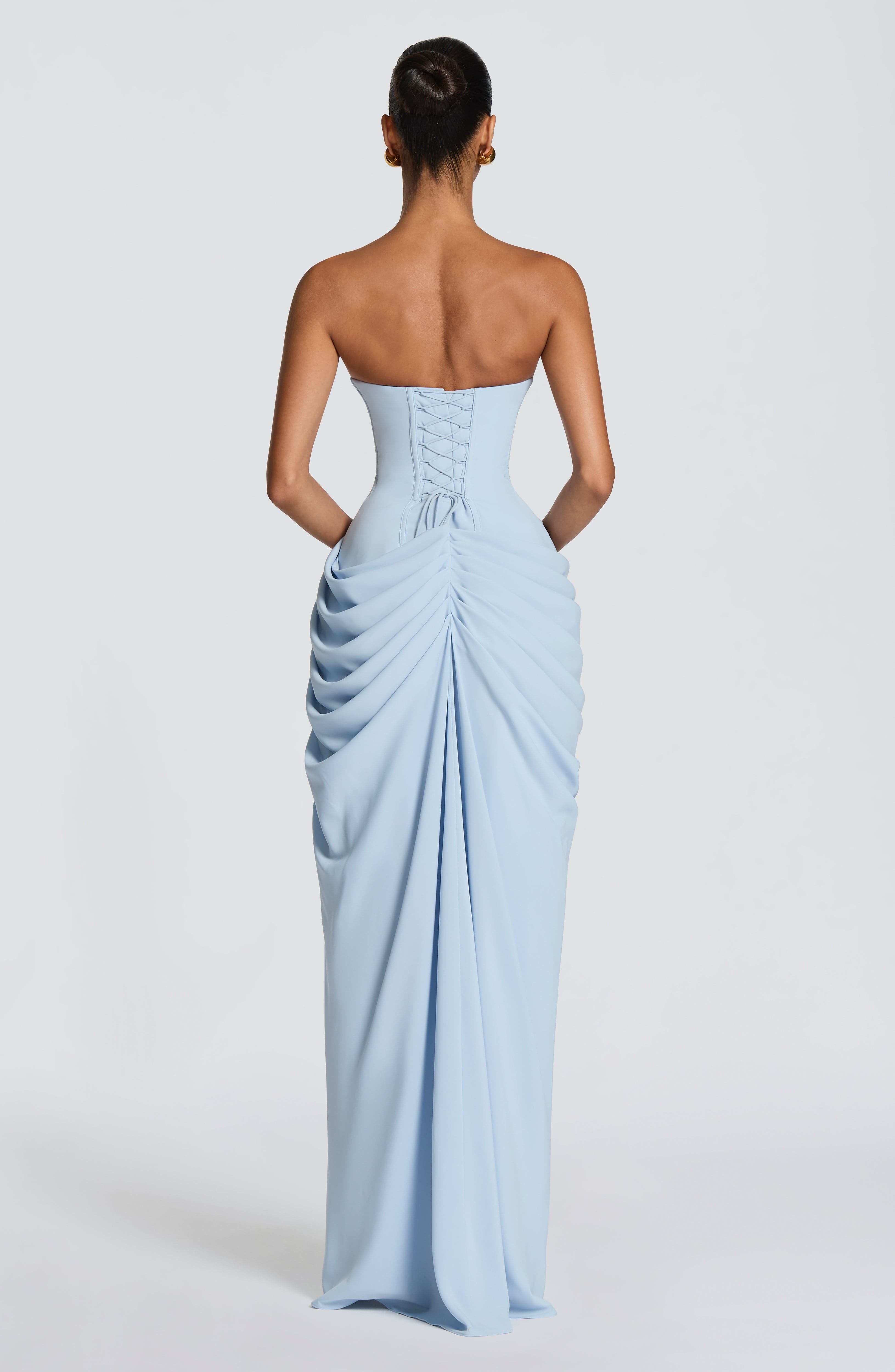 Aurora Maxi Dress – Glacier Blue | Strapless Corset & Thigh-Split Satin Gown | Prom, Wedding Guest & Formal Evening Wear