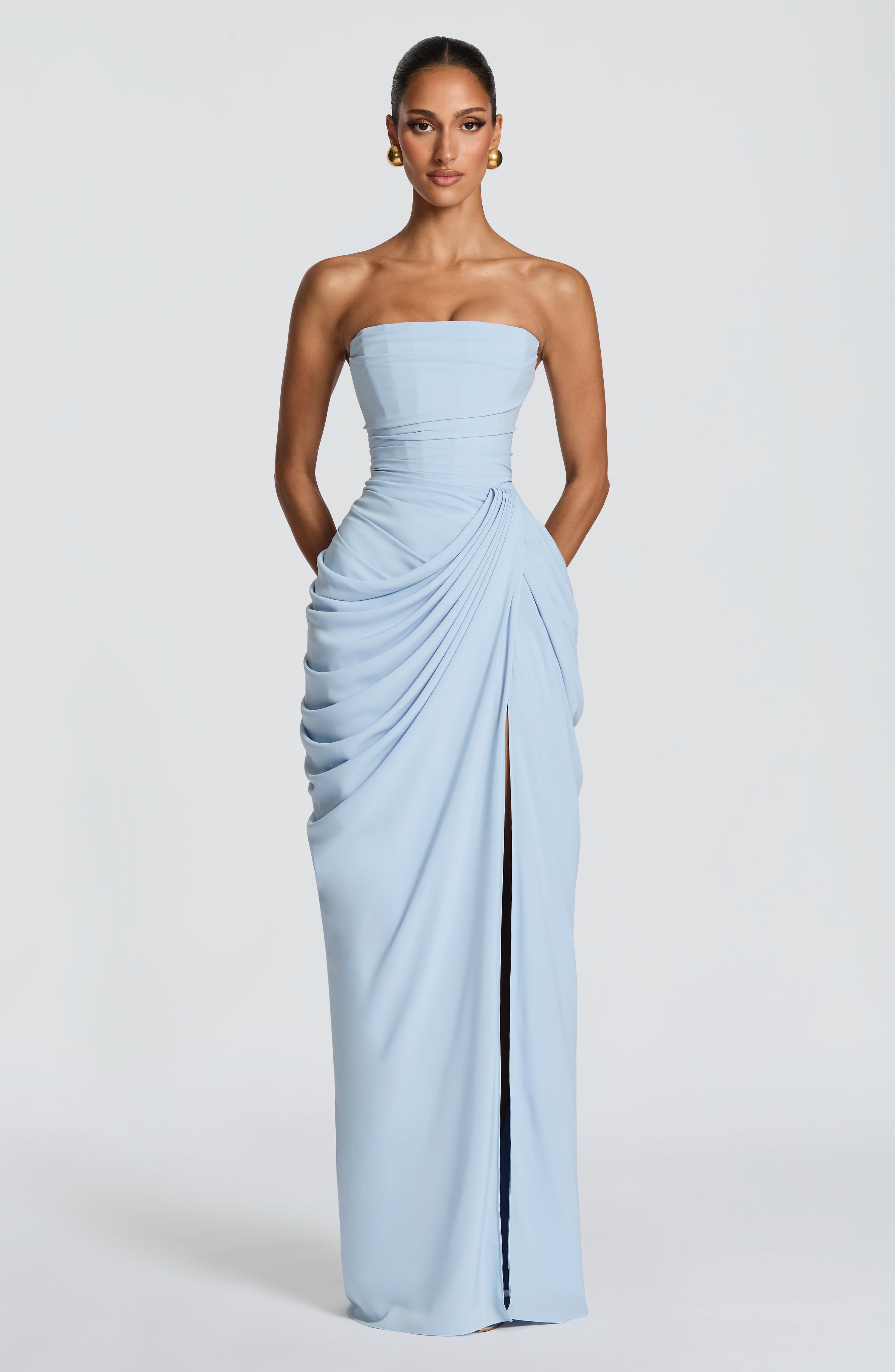 Aurora Maxi Dress – Glacier Blue | Strapless Corset & Thigh-Split Satin Gown | Prom, Wedding Guest & Formal Evening Wear