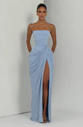 Aurora Maxi Dress – Glacier Blue | Strapless Corset & Thigh-Split Satin Gown | Prom, Wedding Guest & Formal Evening Wear