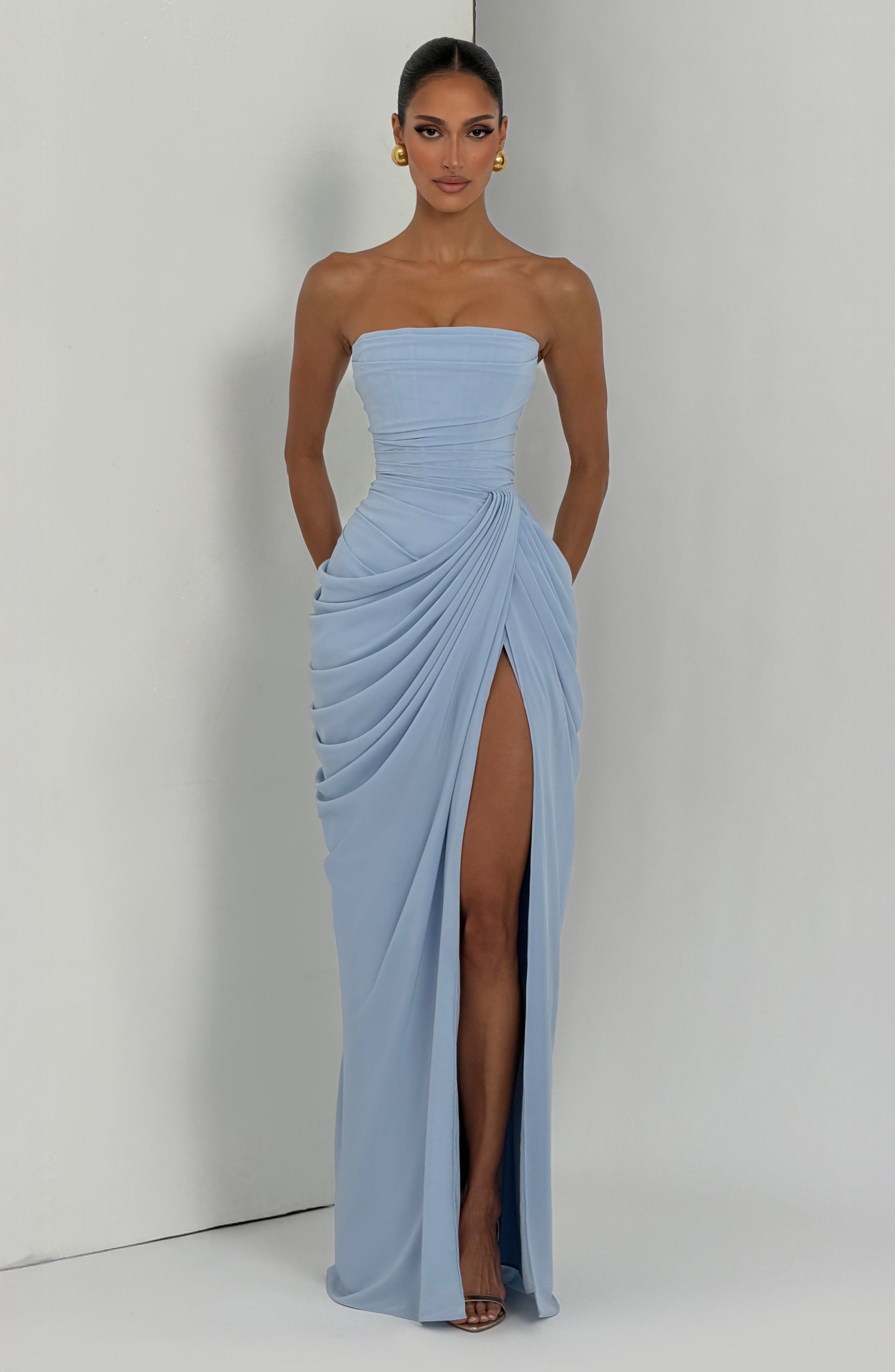 Aurora Maxi Dress – Glacier Blue | Strapless Corset & Thigh-Split Satin Gown | Prom, Wedding Guest & Formal Evening Wear
