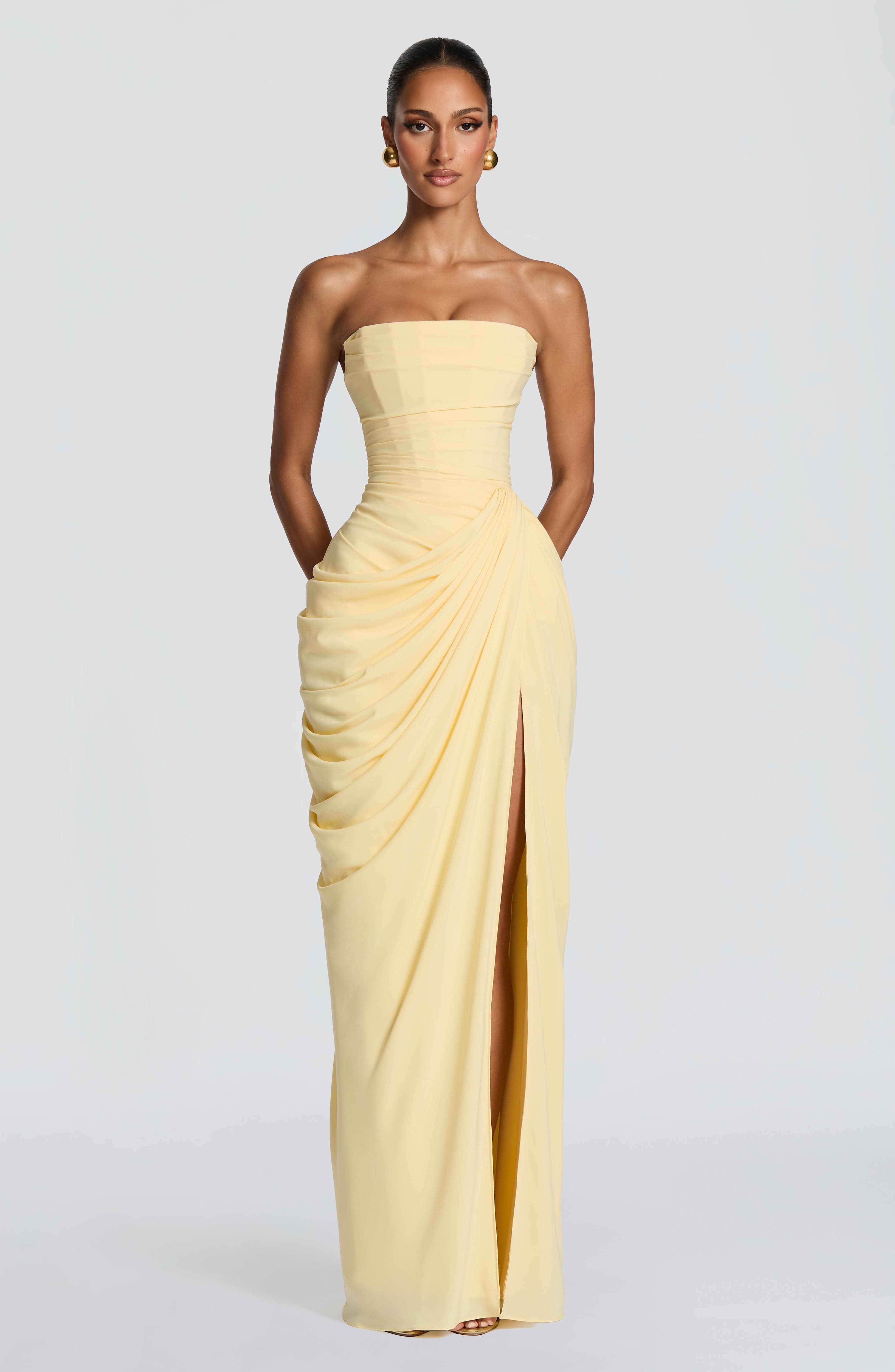 Celeste Maxi Dress – Lemon | Strapless Corset & Thigh-Split Satin Gown | Prom, Wedding Guest & Formal Evening Wear