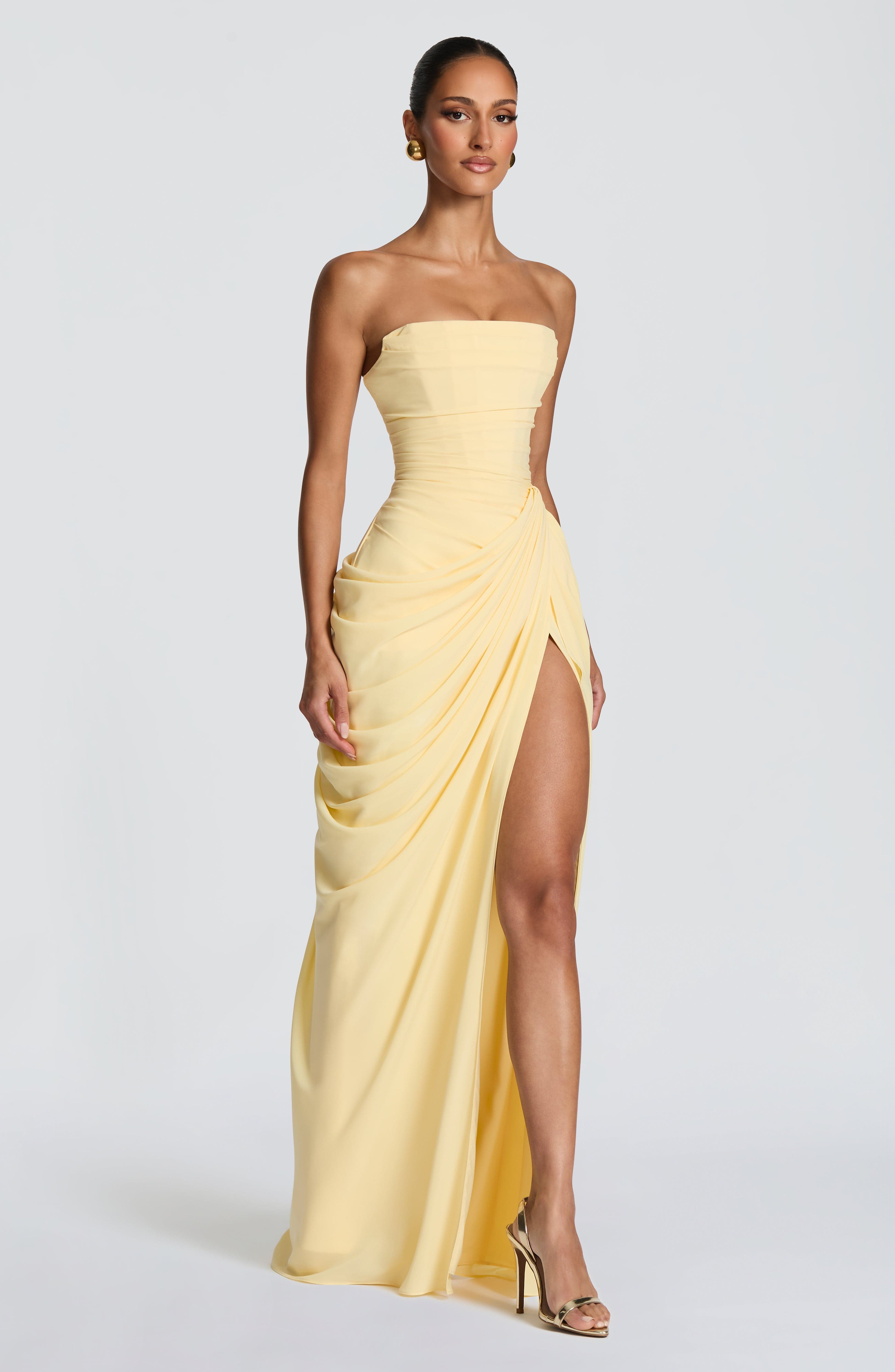 Celeste Maxi Dress – Lemon | Strapless Corset & Thigh-Split Satin Gown | Prom, Wedding Guest & Formal Evening Wear