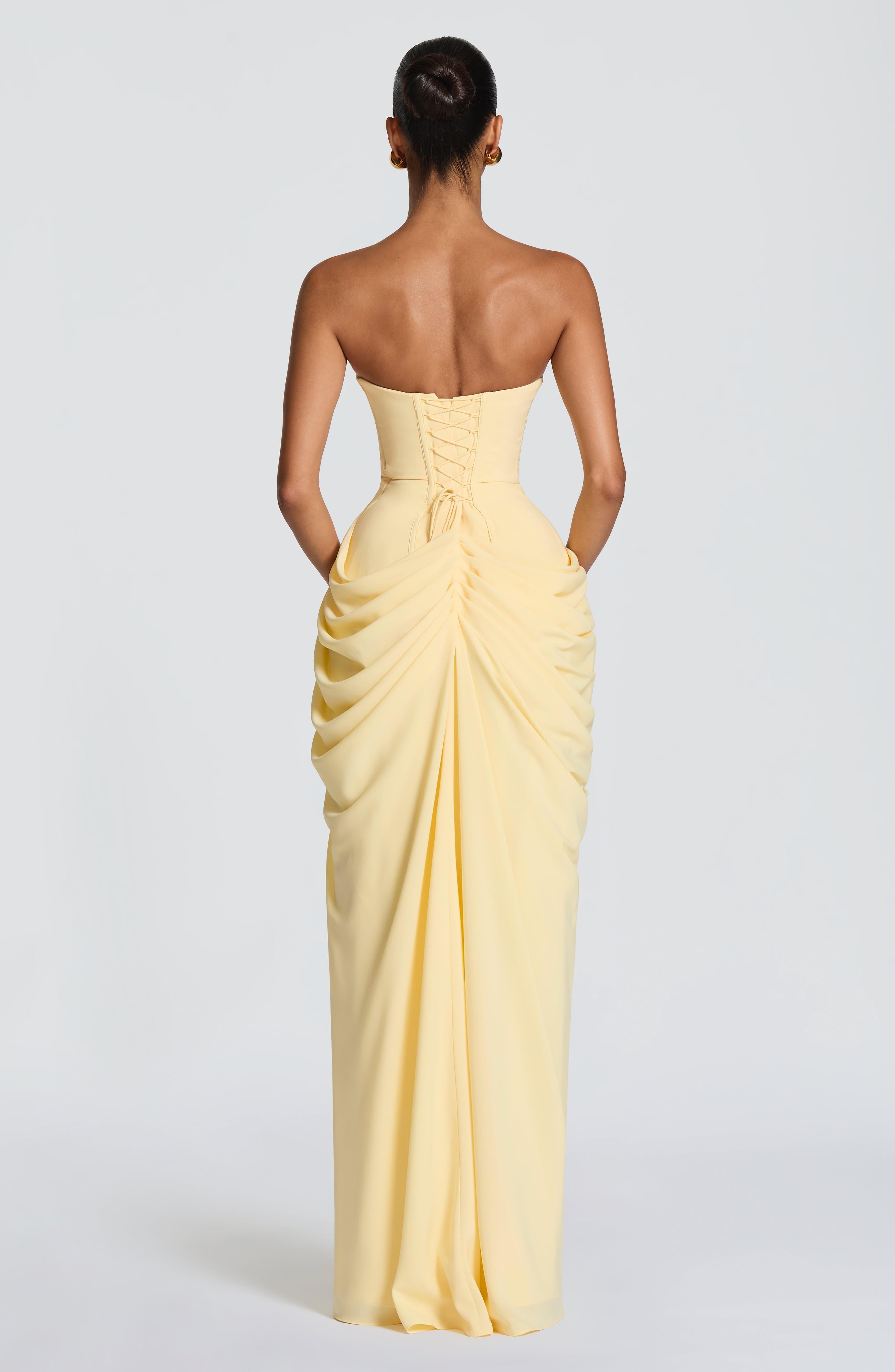 Celeste Maxi Dress – Lemon | Strapless Corset & Thigh-Split Satin Gown | Prom, Wedding Guest & Formal Evening Wear