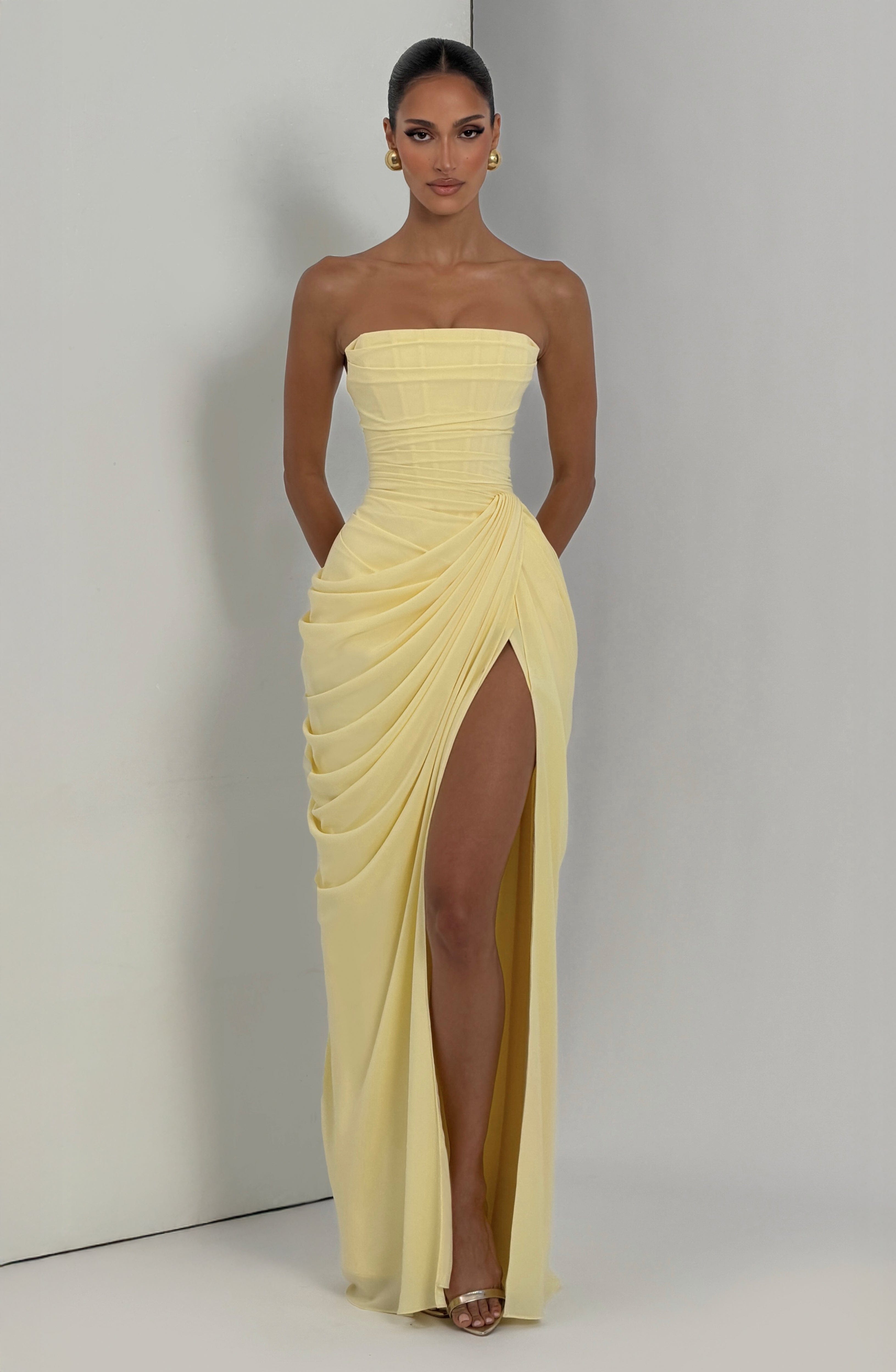 Celeste Maxi Dress – Lemon | Strapless Corset & Thigh-Split Satin Gown | Prom, Wedding Guest & Formal Evening Wear