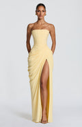 Celeste Maxi Dress – Lemon | Strapless Corset & Thigh-Split Satin Gown | Prom, Wedding Guest & Formal Evening Wear