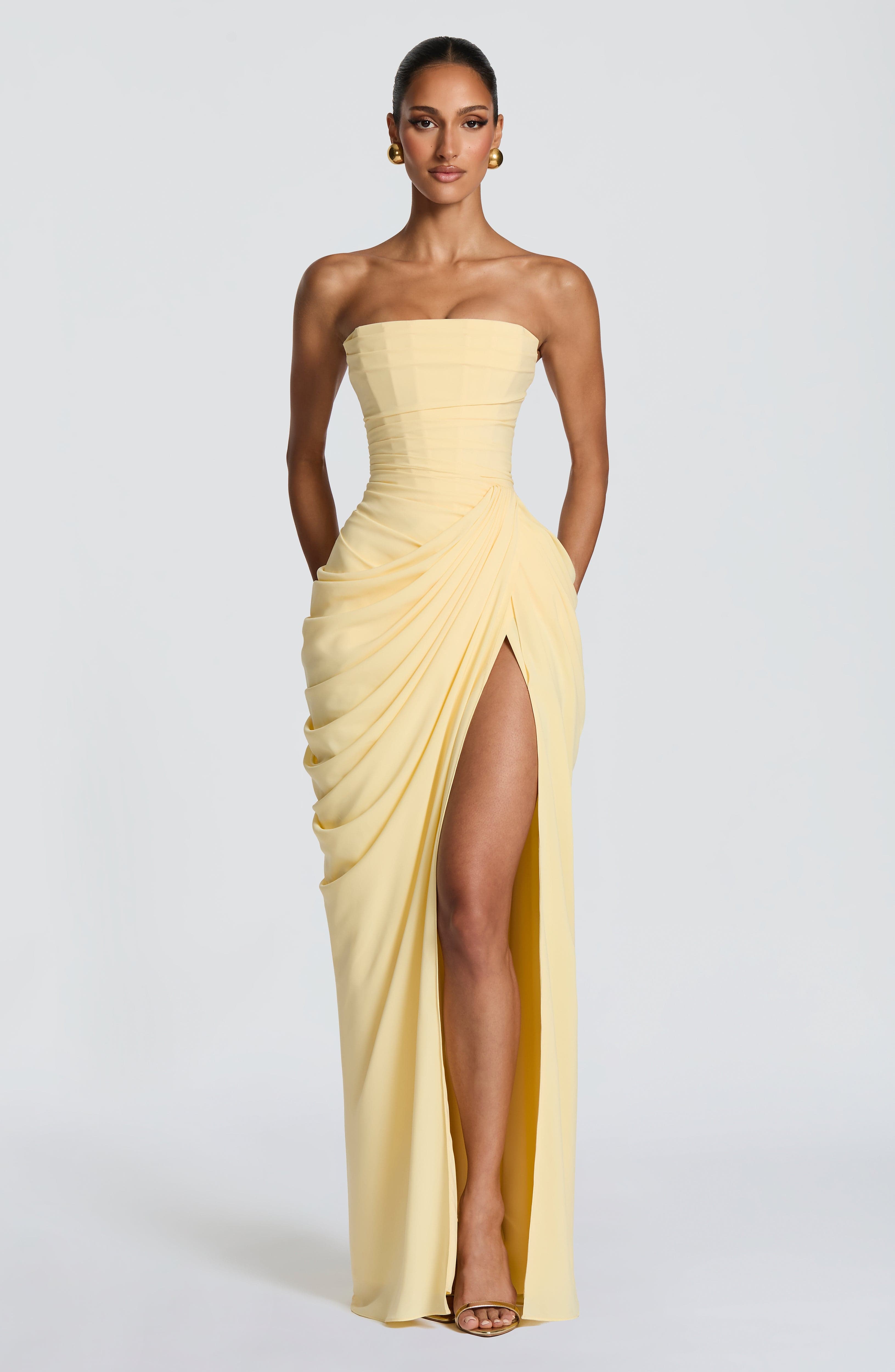 Celeste Maxi Dress – Lemon | Strapless Corset & Thigh-Split Satin Gown | Prom, Wedding Guest & Formal Evening Wear