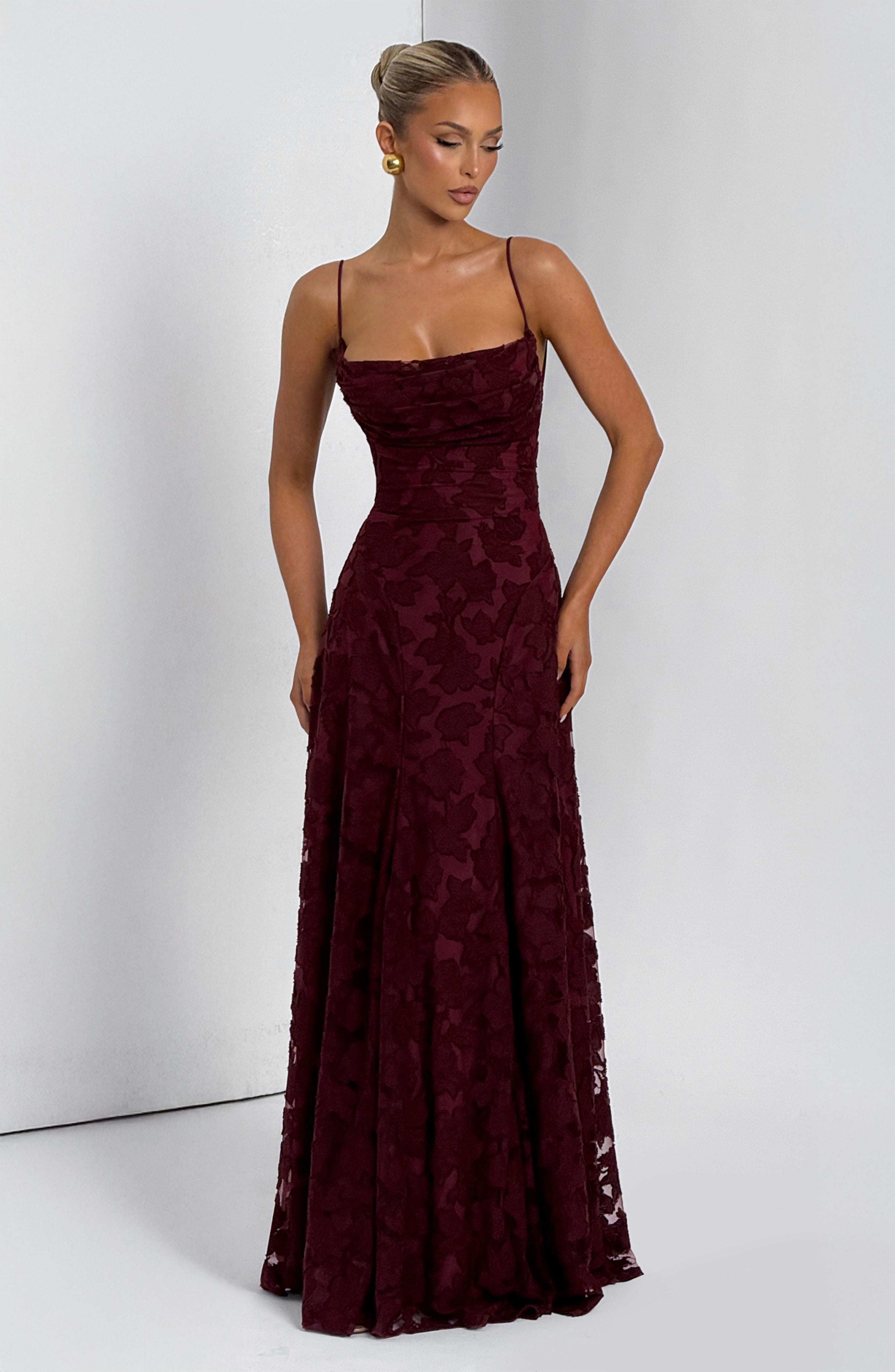 Camille Maxi Dress – Cherry Lacquer | Cowl-Neck Flowy Jersey Maxi Dress | Evening, Prom & Wedding Guest