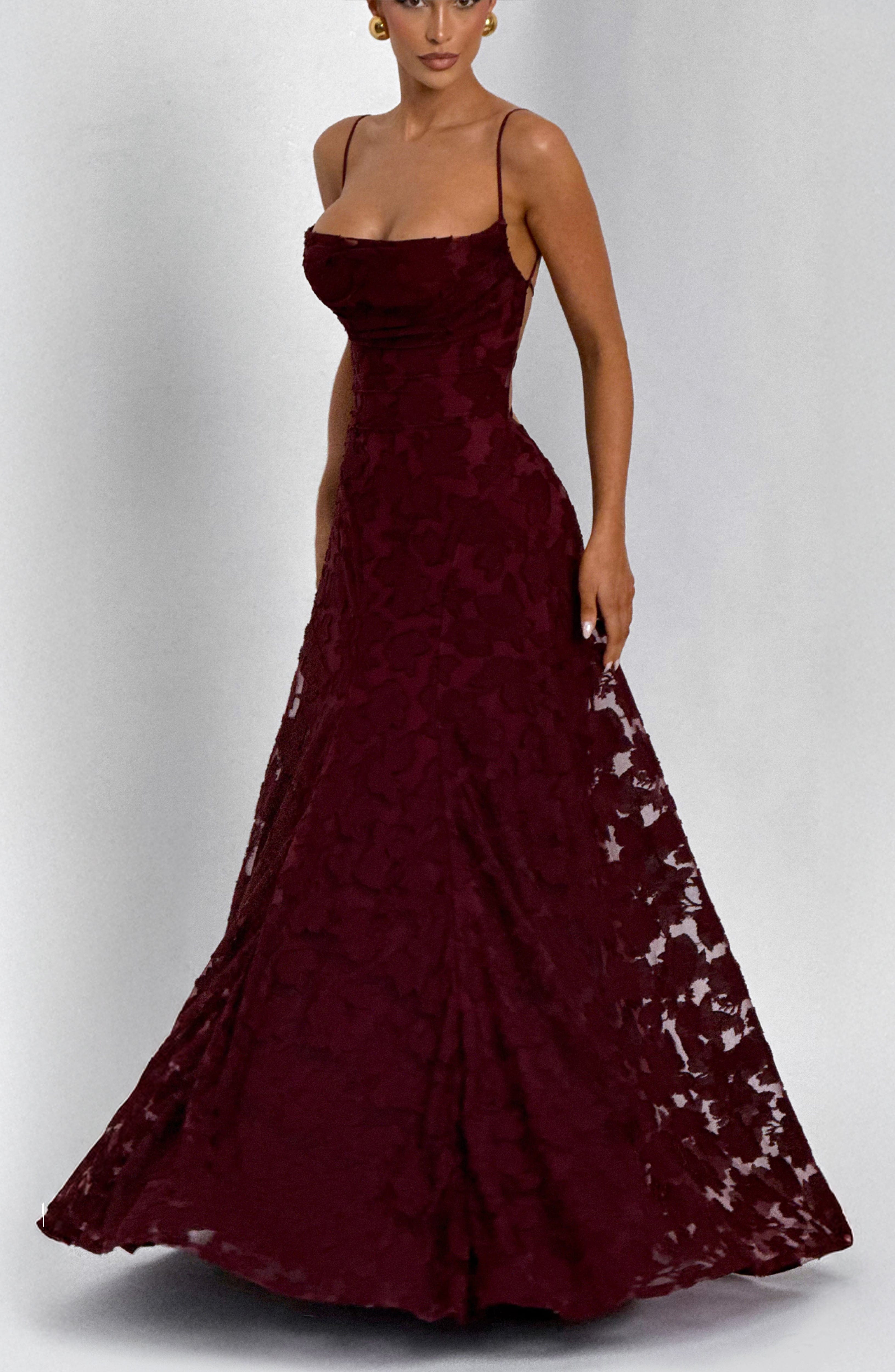 Camille Maxi Dress – Cherry Lacquer | Cowl-Neck Flowy Jersey Maxi Dress | Evening, Prom & Wedding Guest