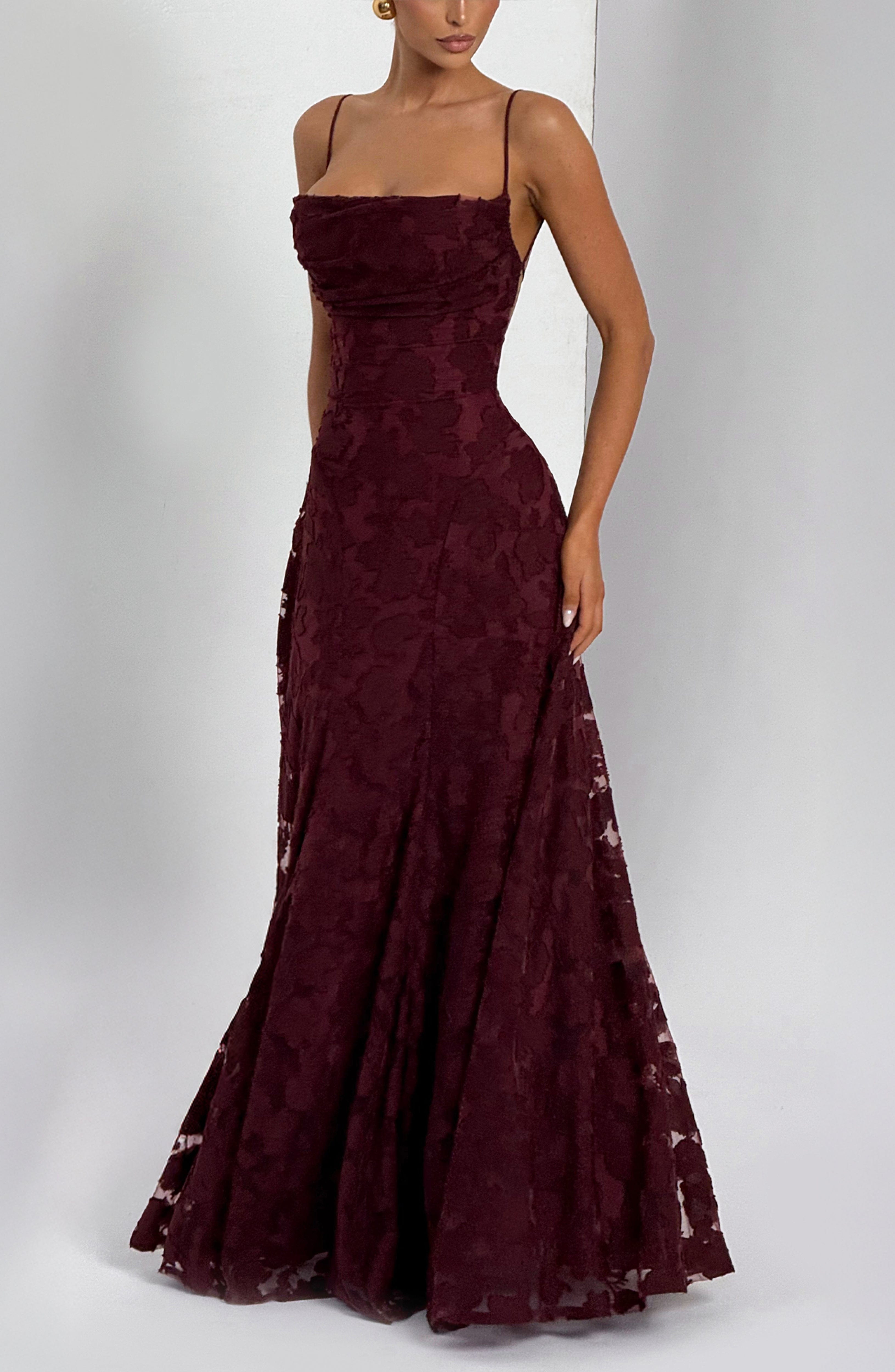 Camille Maxi Dress – Cherry Lacquer | Cowl-Neck Flowy Jersey Maxi Dress | Evening, Prom & Wedding Guest