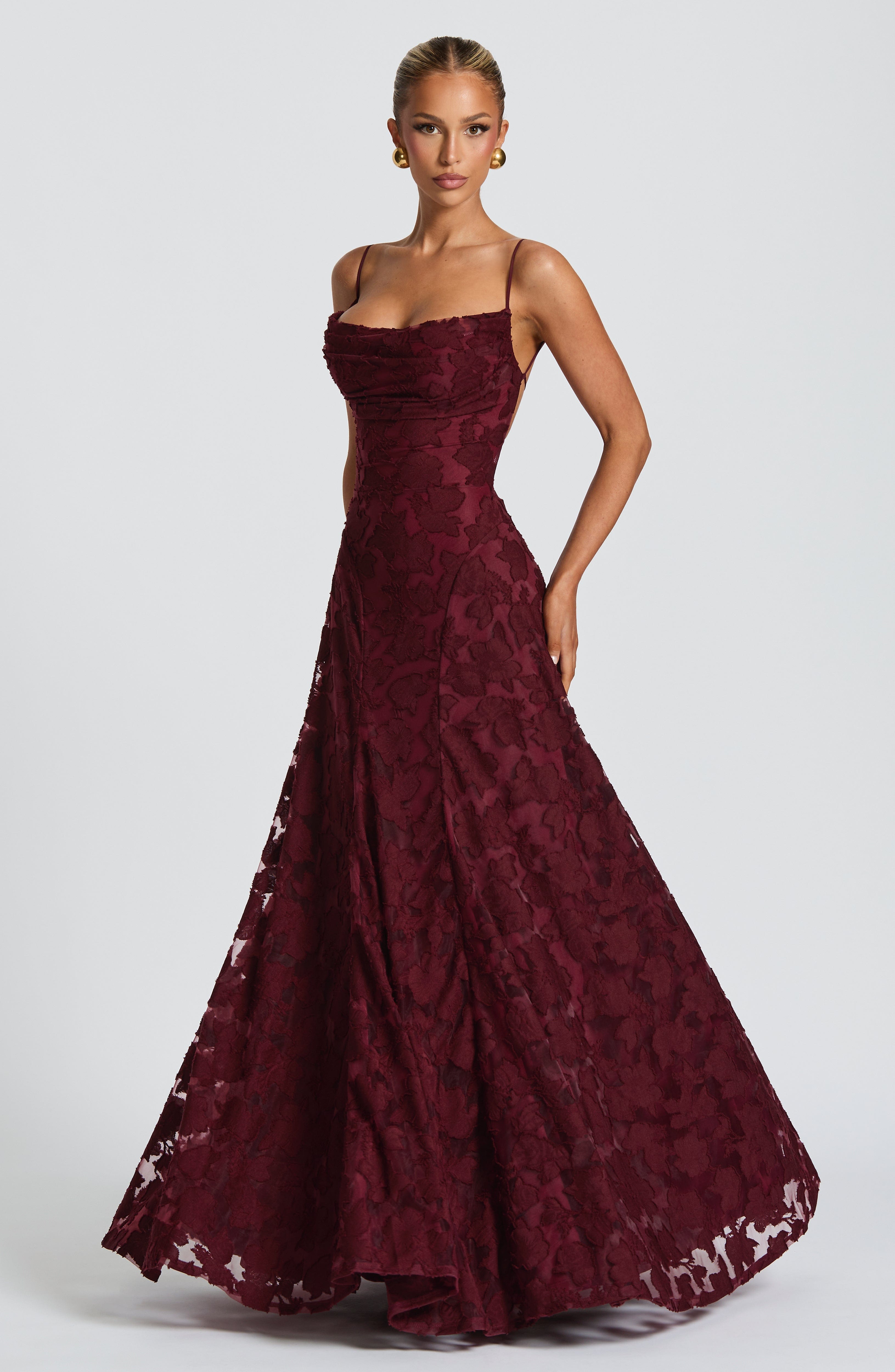 Camille Maxi Dress – Cherry Lacquer | Cowl-Neck Flowy Jersey Maxi Dress | Evening, Prom & Wedding Guest