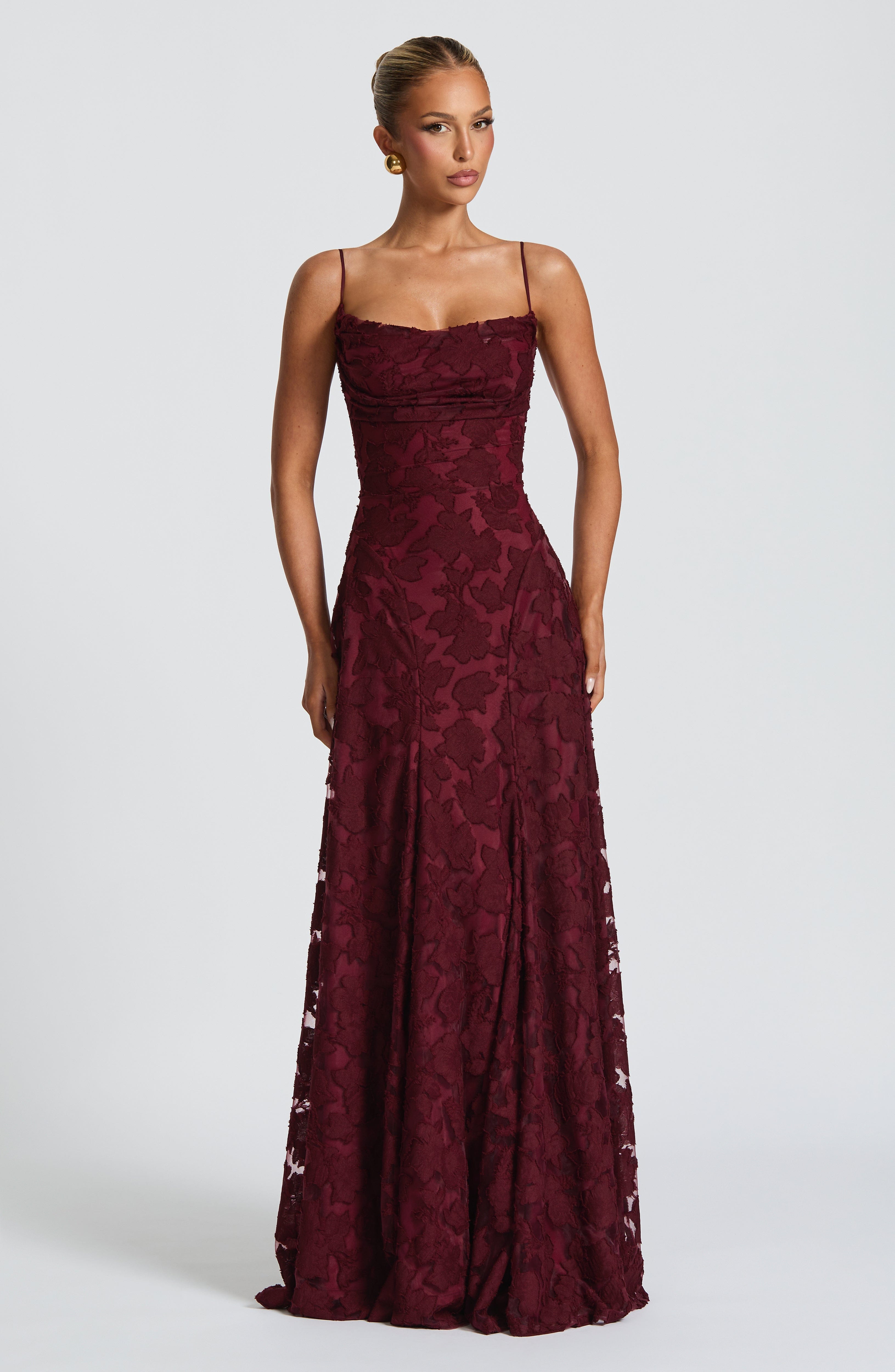 Camille Maxi Dress – Cherry Lacquer | Cowl-Neck Flowy Jersey Maxi Dress | Evening, Prom & Wedding Guest