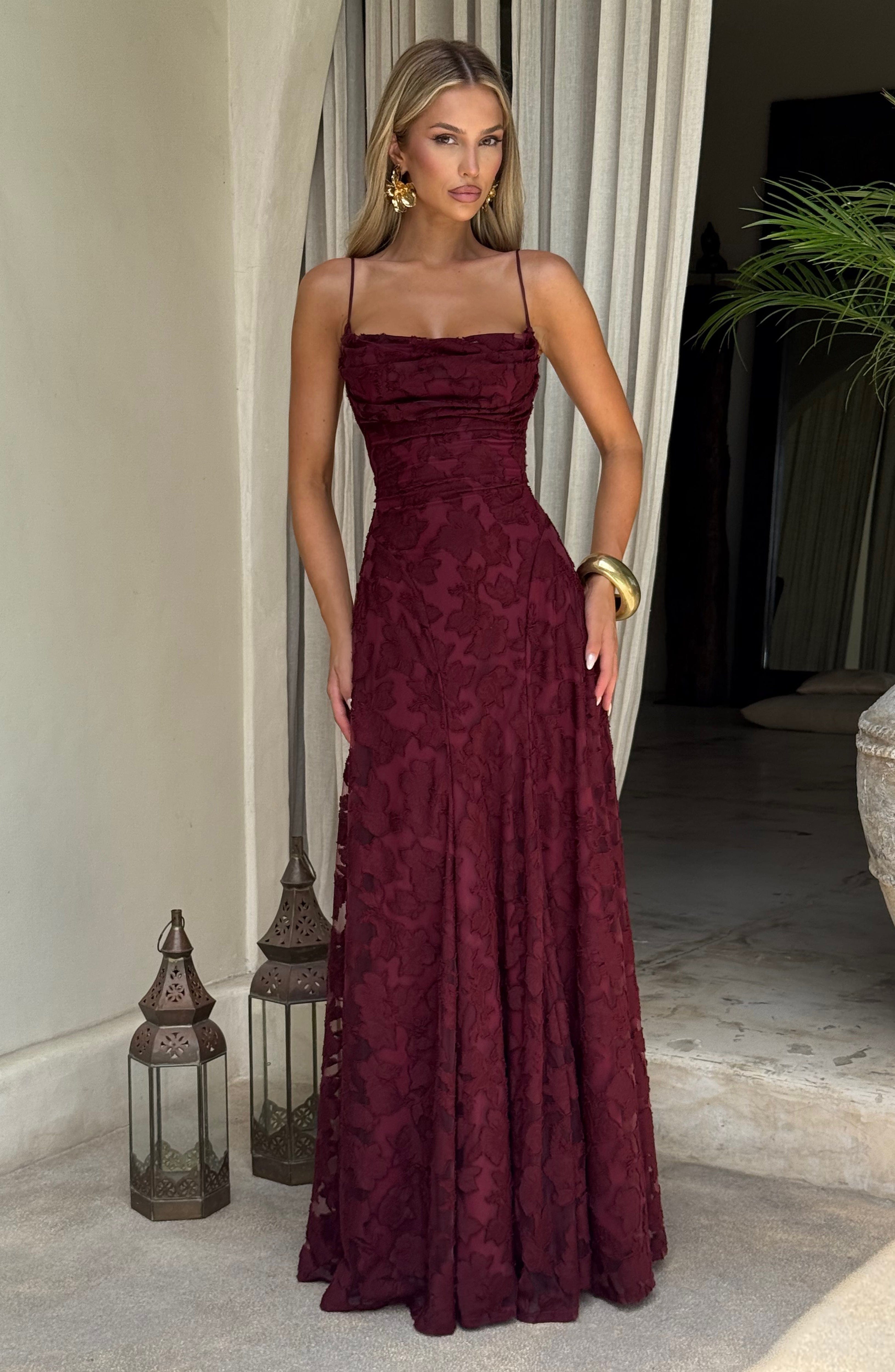 Camille Maxi Dress – Cherry Lacquer | Cowl-Neck Flowy Jersey Maxi Dress | Evening, Prom & Wedding Guest