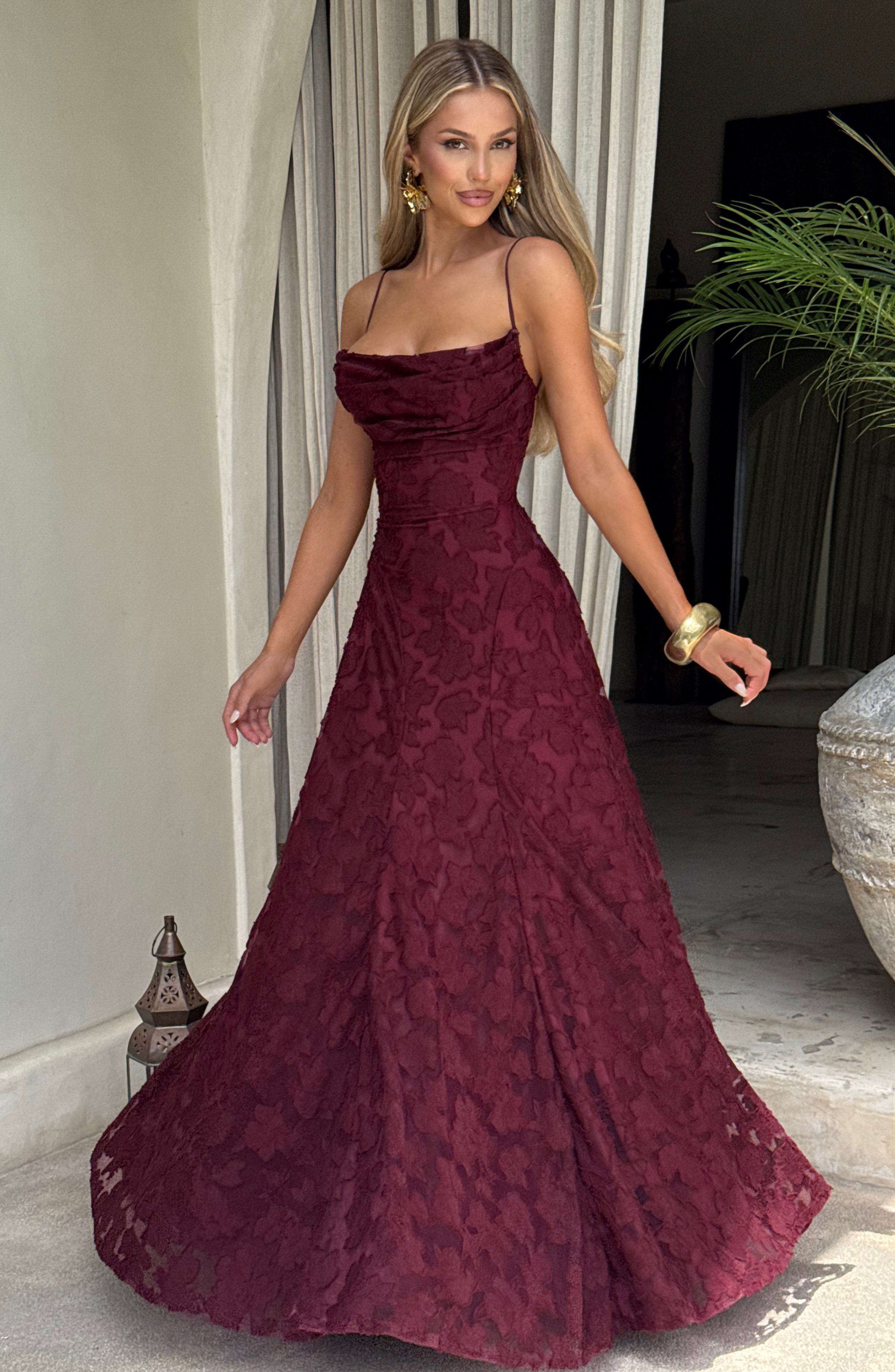 Camille Maxi Dress – Cherry Lacquer | Cowl-Neck Flowy Jersey Maxi Dress | Evening, Prom & Wedding Guest