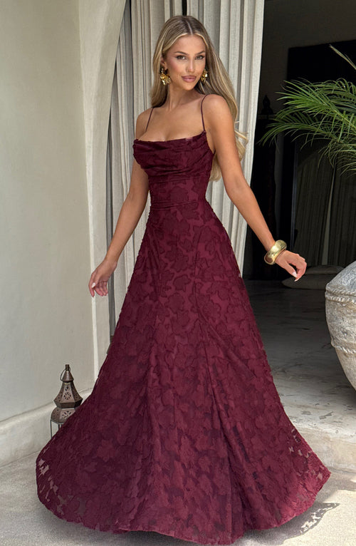 Camille Maxi Dress – Cherry Lacquer | Cowl-Neck Flowy Jersey Maxi Dress | Evening, Prom & Wedding Guest
