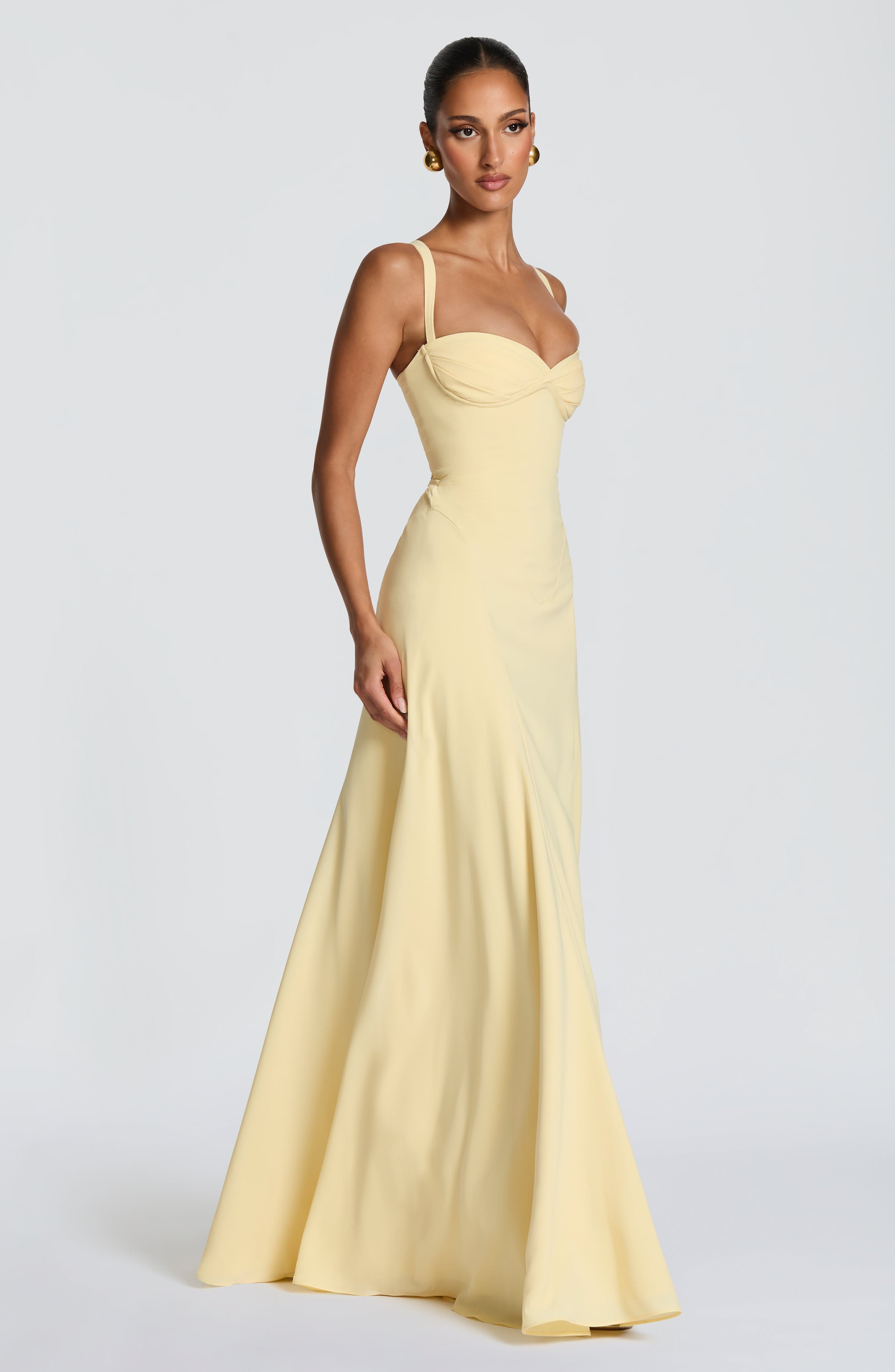 Marlowe Maxi Dress – Lemon | Cupped Bodice & Flared Satin Skirt | Prom, Bridesmaid & Wedding Guest Dress