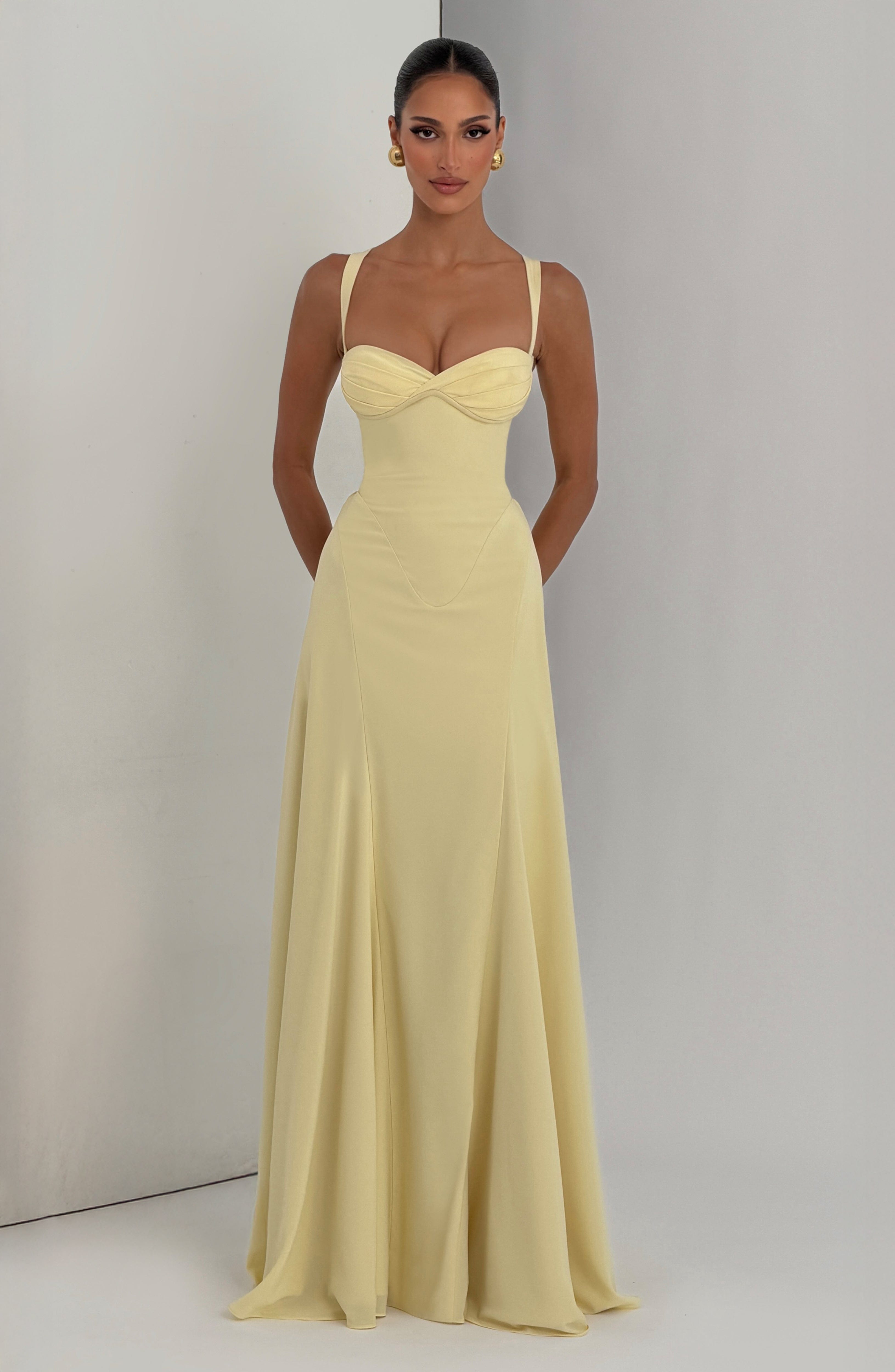 Marlowe Maxi Dress – Lemon | Cupped Bodice & Flared Satin Skirt | Prom, Bridesmaid & Wedding Guest Dress