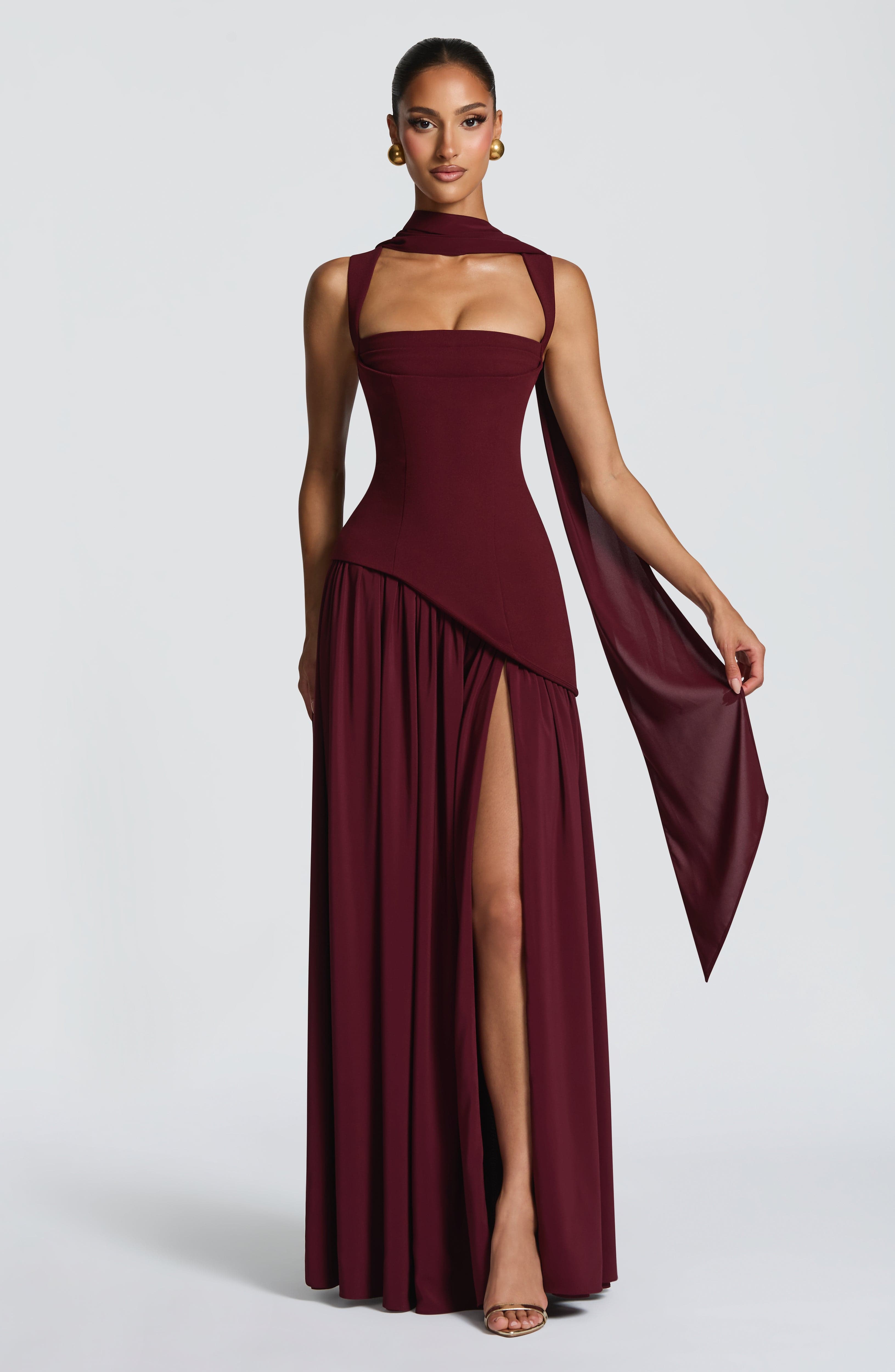 Seraphine Maxi Dress – Cherry Lacquer | Square-Neck Flowy Gown with Thigh Split | Black-Tie, Prom & Wedding Guest