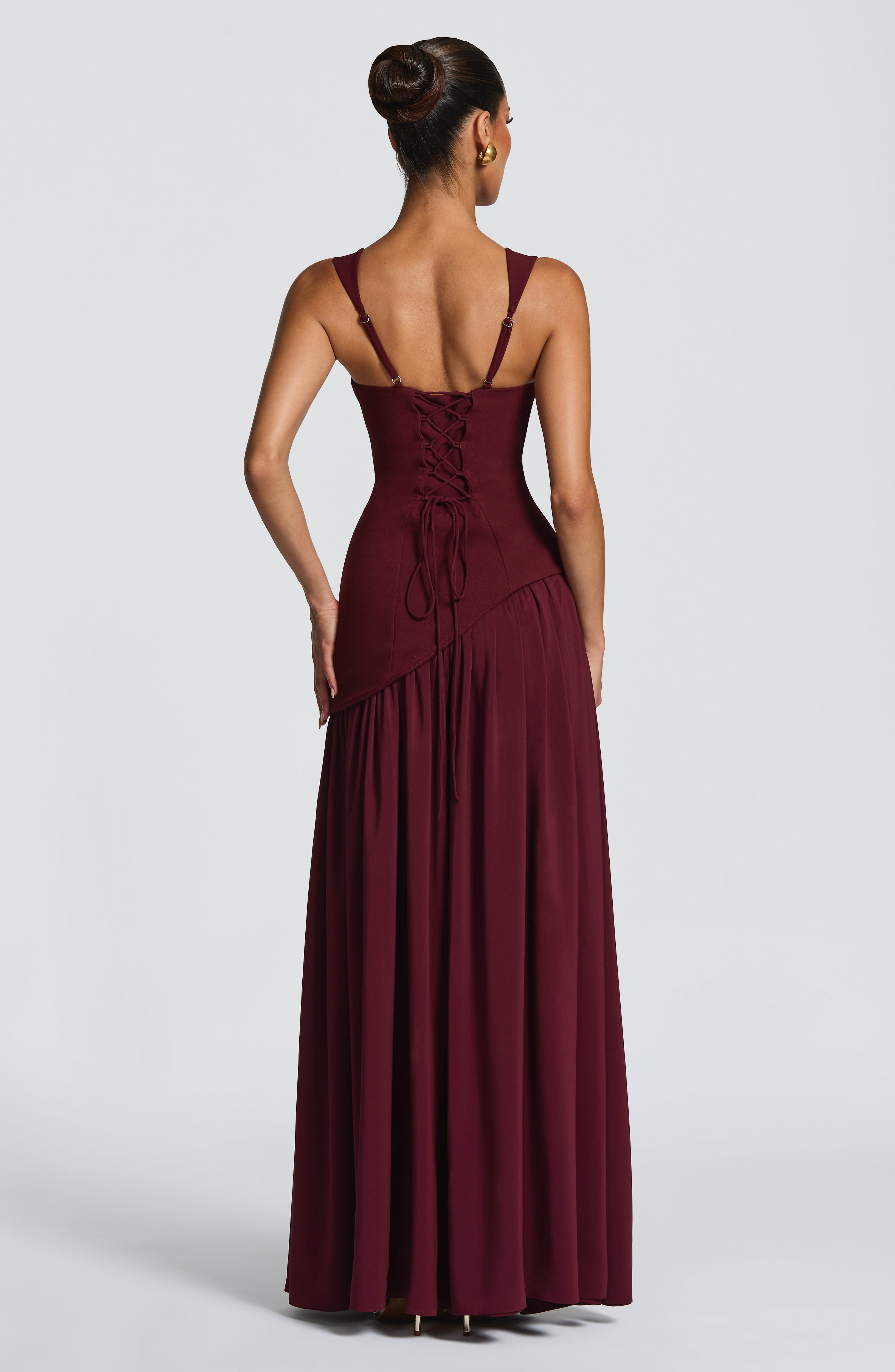 Seraphine Maxi Dress – Cherry Lacquer | Square-Neck Flowy Gown with Thigh Split | Black-Tie, Prom & Wedding Guest