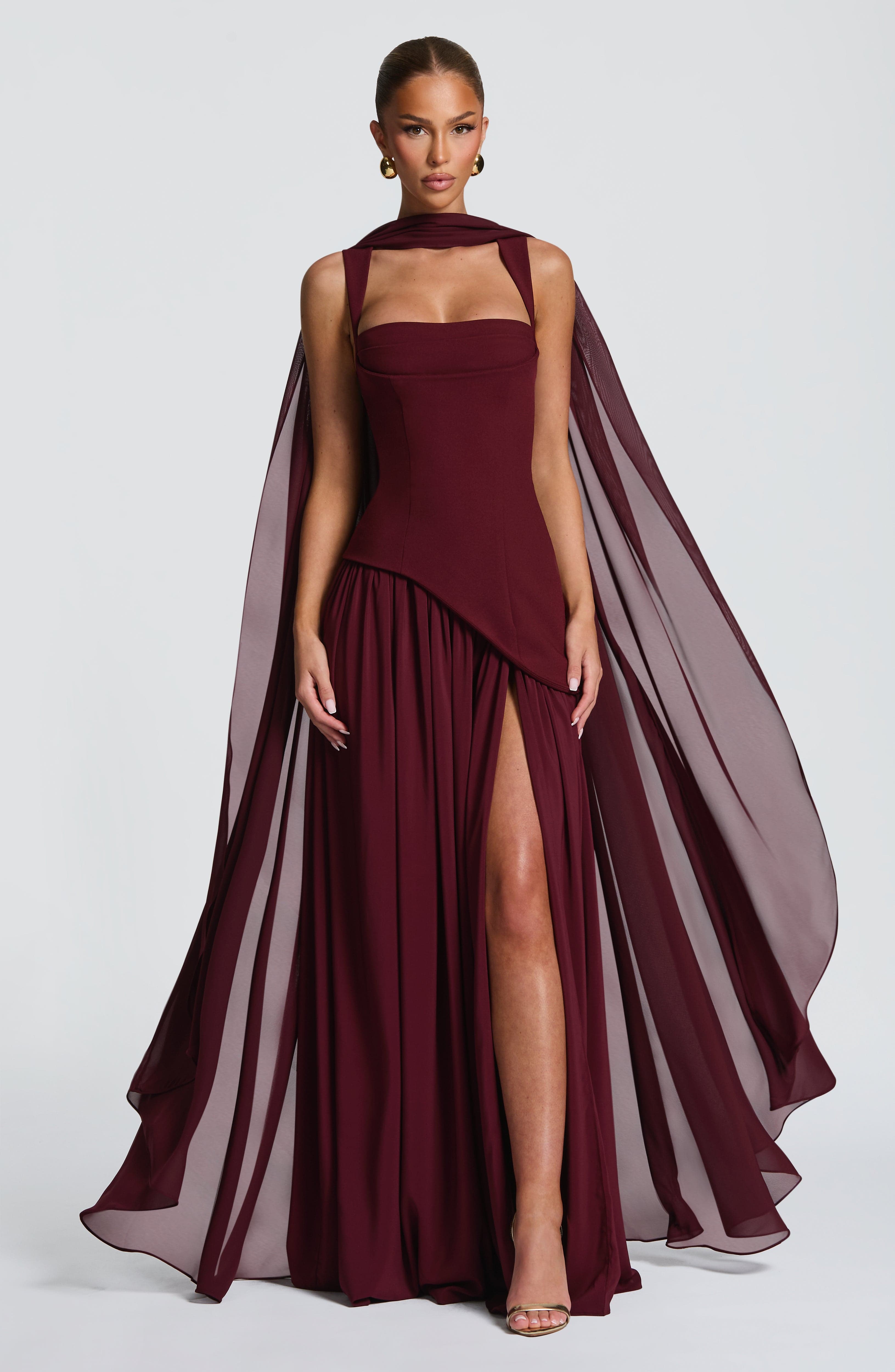 Seraphine Maxi Dress – Cherry Lacquer | Square-Neck Flowy Gown with Thigh Split | Black-Tie, Prom & Wedding Guest