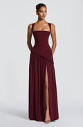Seraphine Maxi Dress – Cherry Lacquer | Square-Neck Flowy Gown with Thigh Split | Black-Tie, Prom & Wedding Guest
