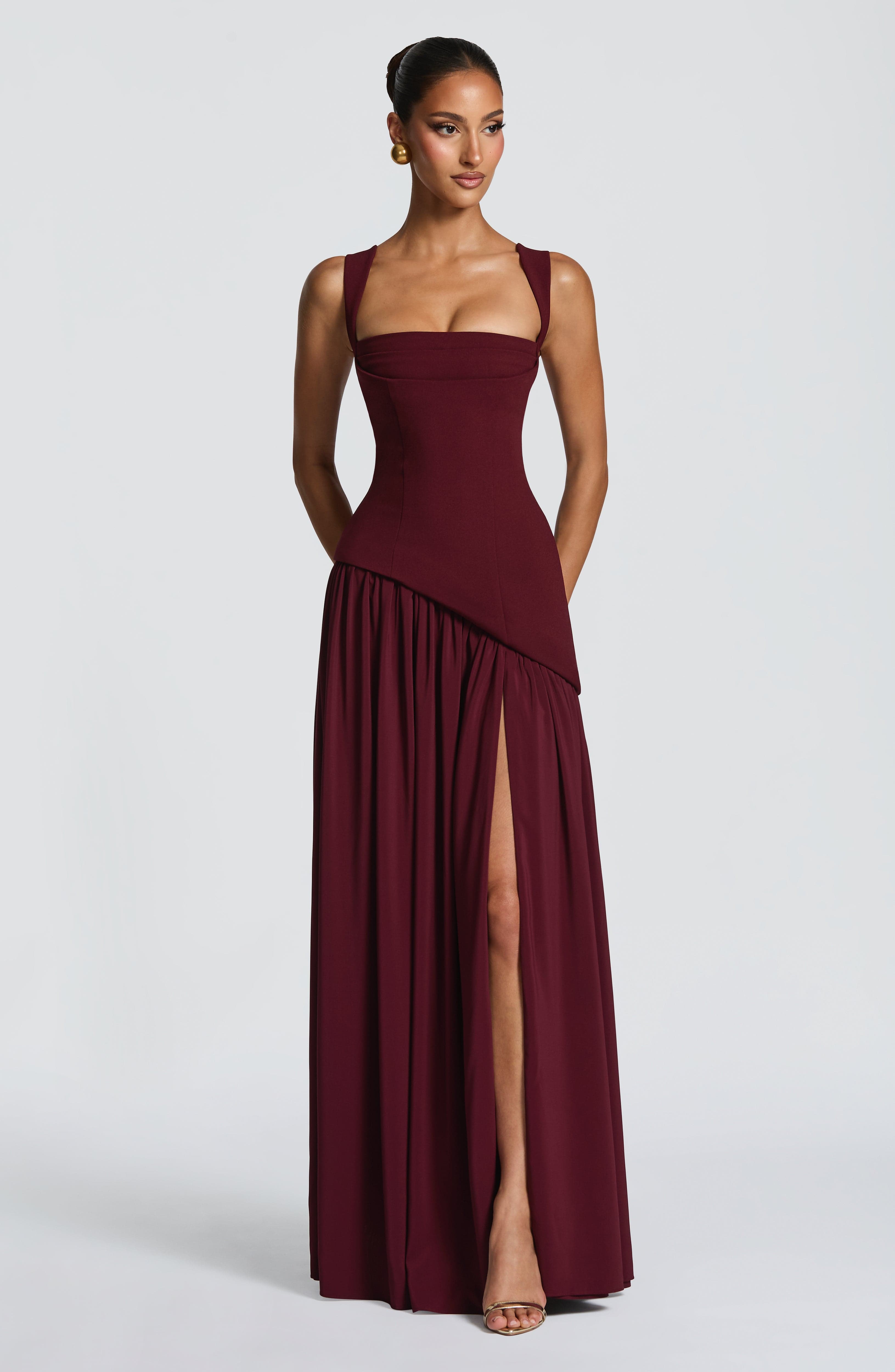 Seraphine Maxi Dress – Cherry Lacquer | Square-Neck Flowy Gown with Thigh Split | Black-Tie, Prom & Wedding Guest