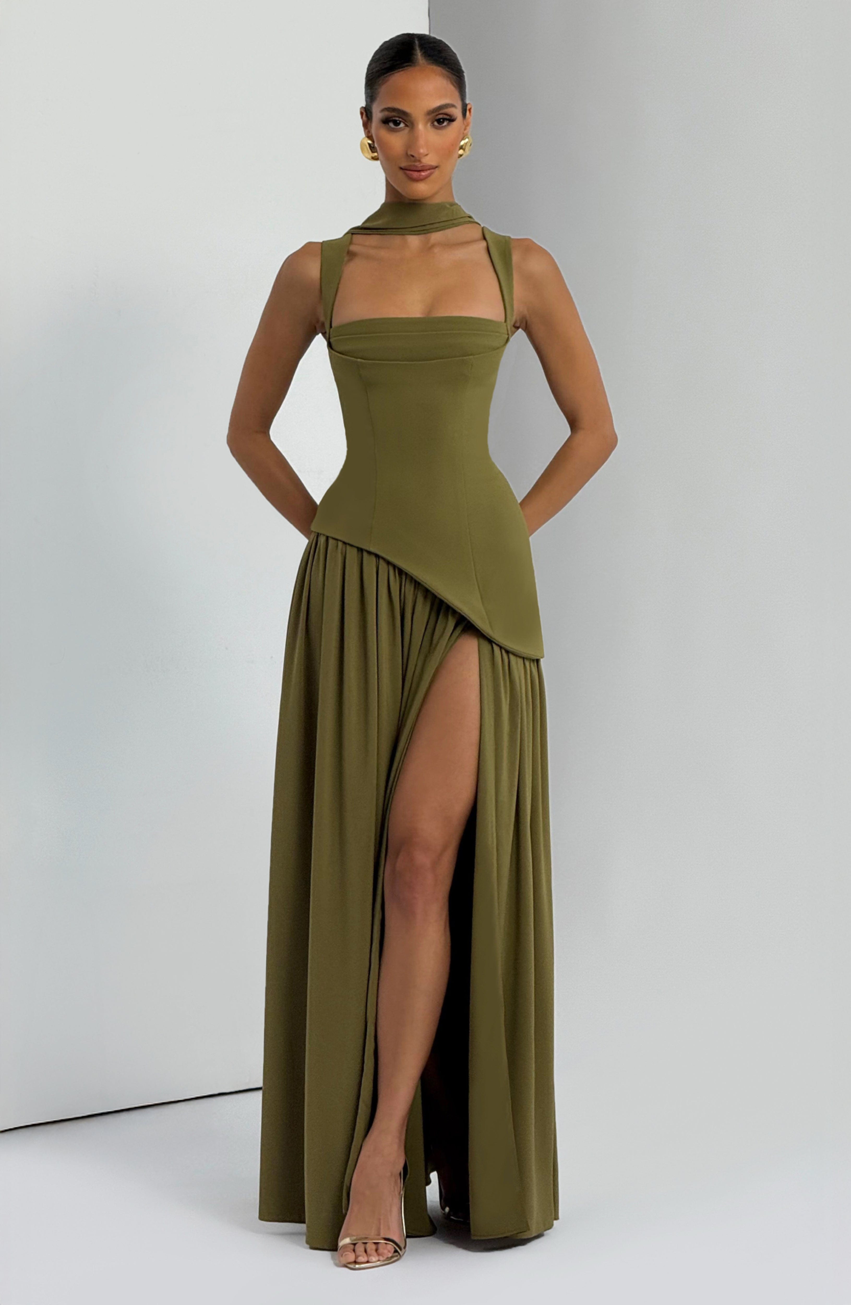 Valencia Maxi Dress – Deep Olive | Square-Neck Flowy Gown with Thigh Split | Formal Evening & Wedding Guest Dress