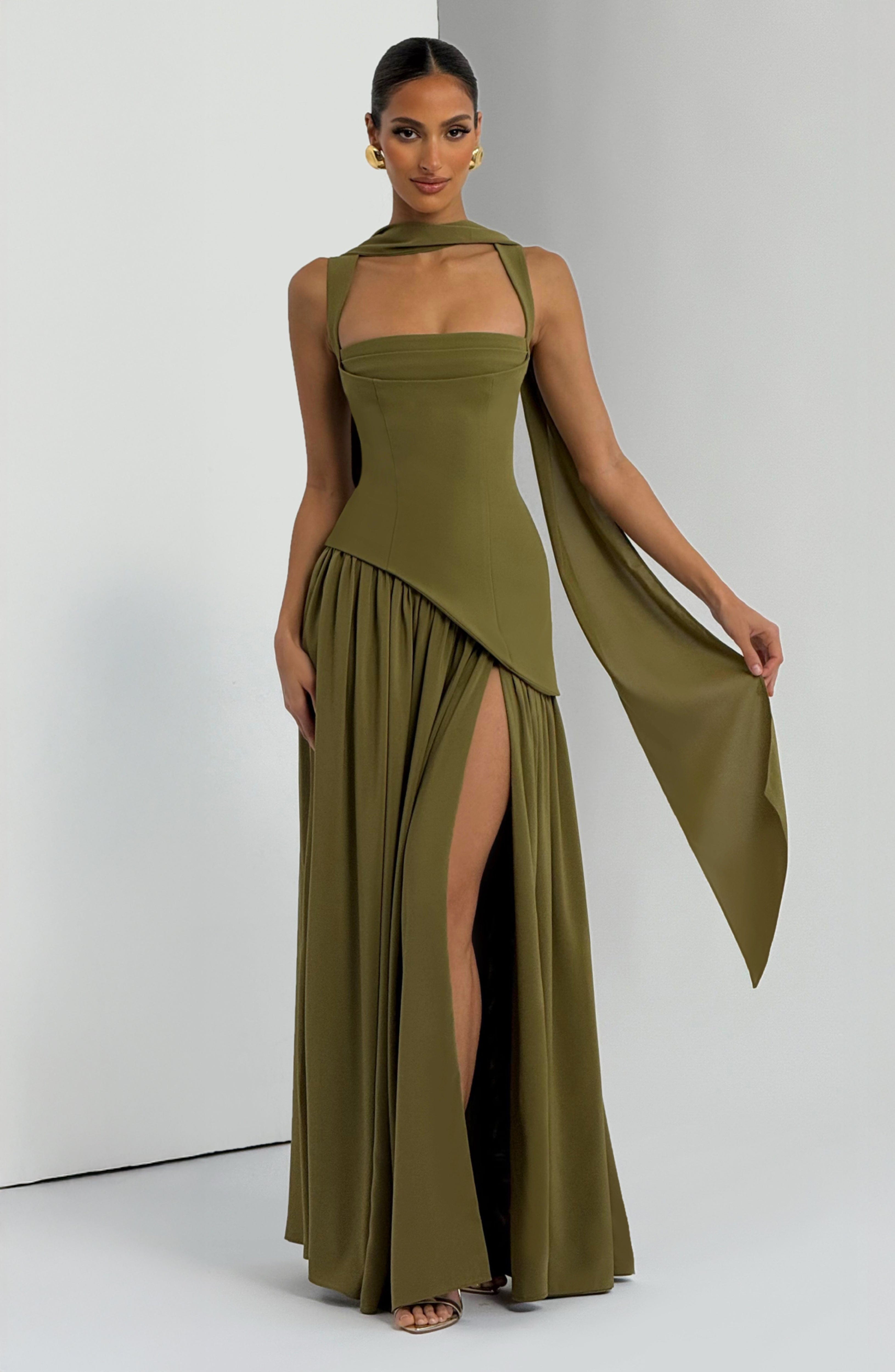 Valencia Maxi Dress – Deep Olive | Square-Neck Flowy Gown with Thigh Split | Formal Evening & Wedding Guest Dress