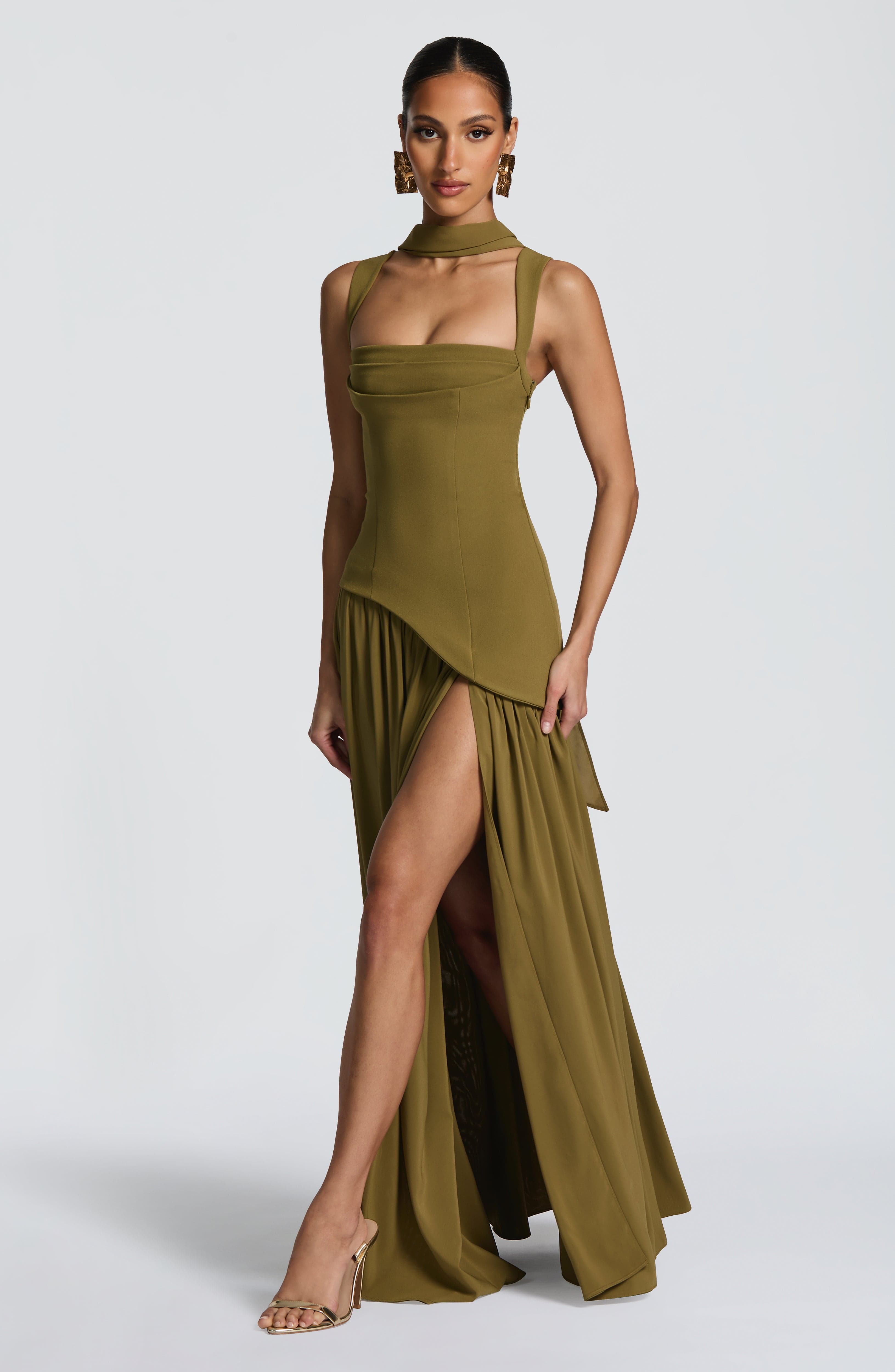 Valencia Maxi Dress – Deep Olive | Square-Neck Flowy Gown with Thigh Split | Formal Evening & Wedding Guest Dress