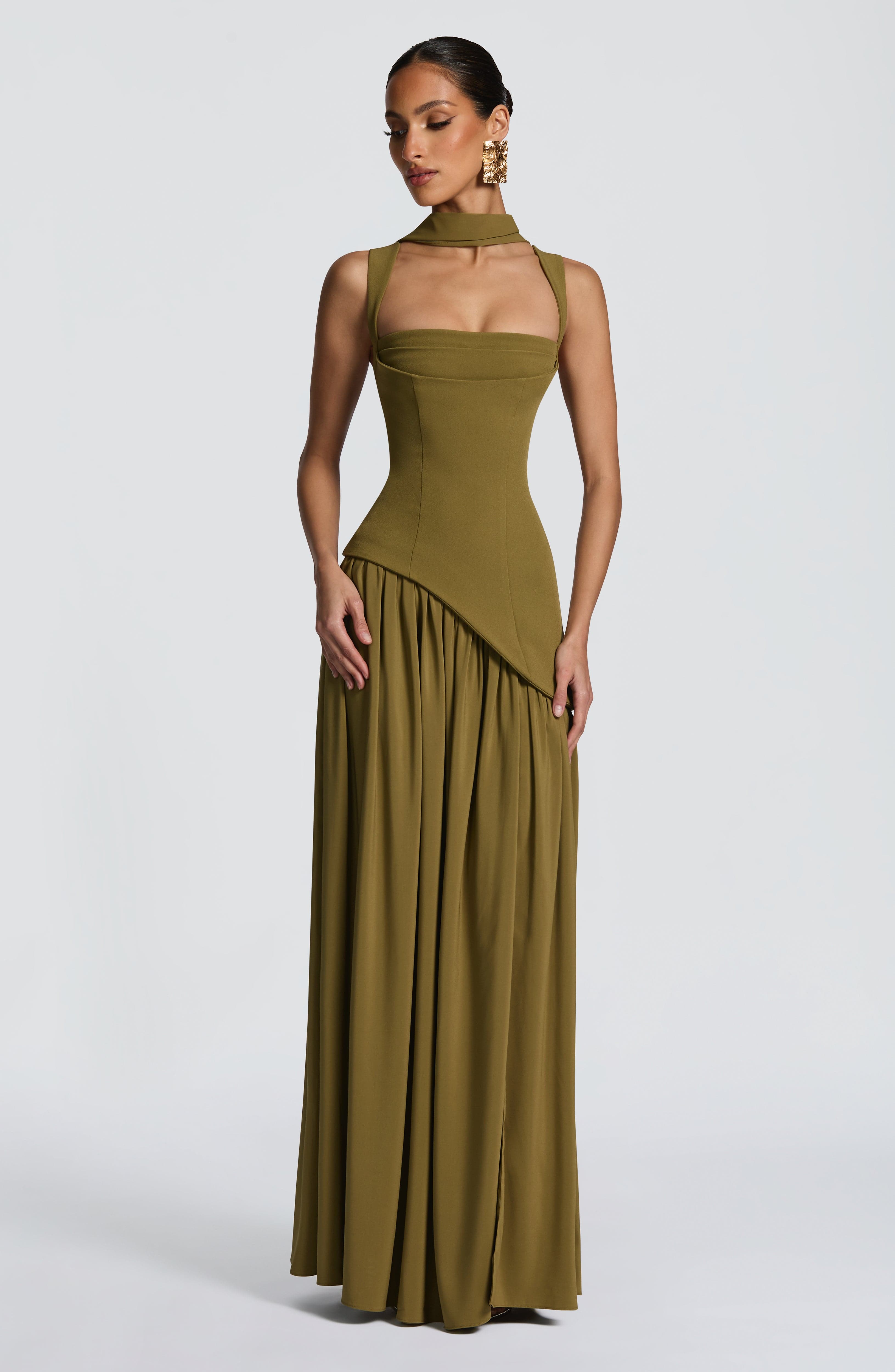Valencia Maxi Dress – Deep Olive | Square-Neck Flowy Gown with Thigh Split | Formal Evening & Wedding Guest Dress