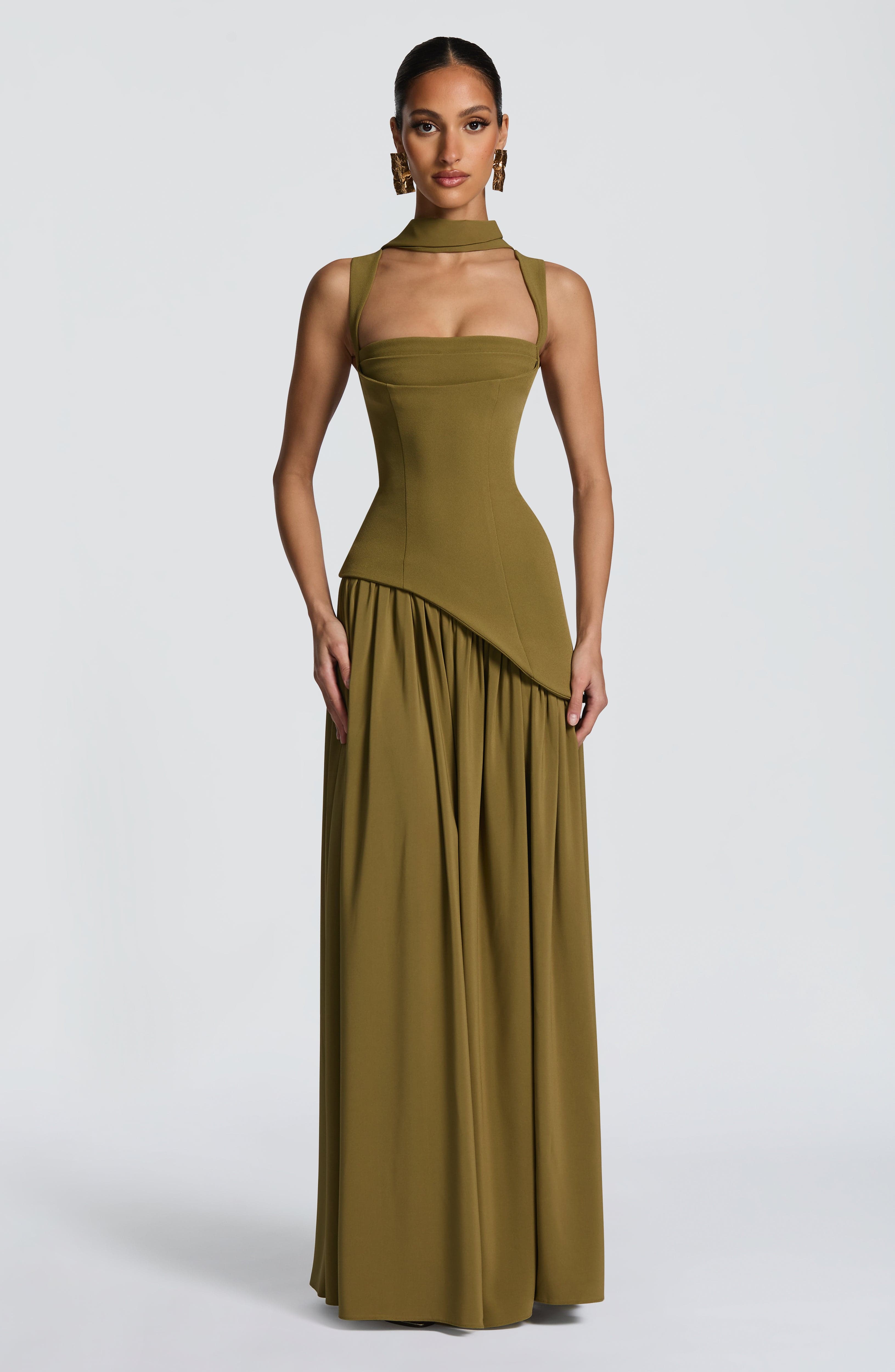 Valencia Maxi Dress – Deep Olive | Square-Neck Flowy Gown with Thigh Split | Formal Evening & Wedding Guest Dress