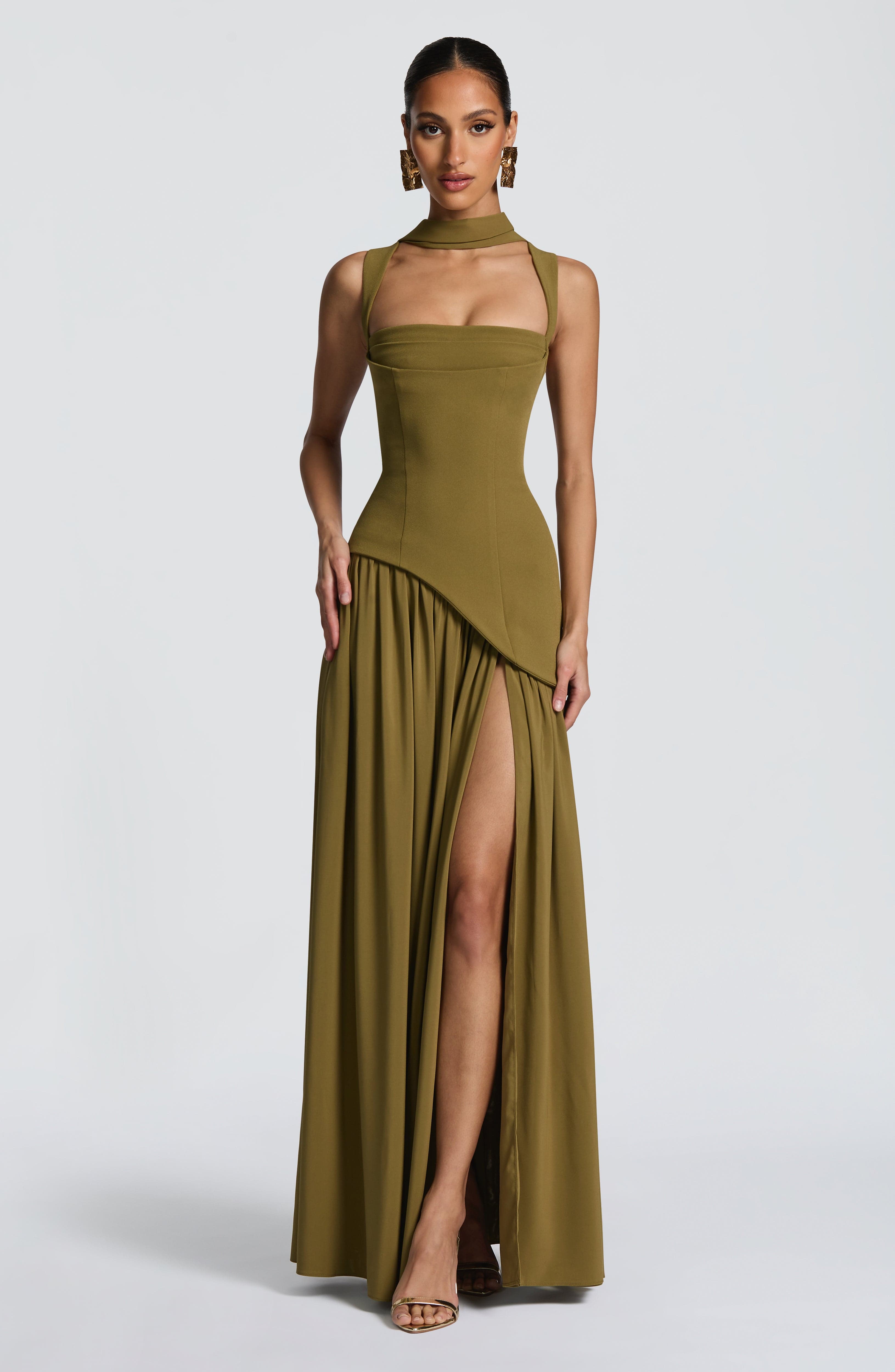 Valencia Maxi Dress – Deep Olive | Square-Neck Flowy Gown with Thigh Split | Formal Evening & Wedding Guest Dress