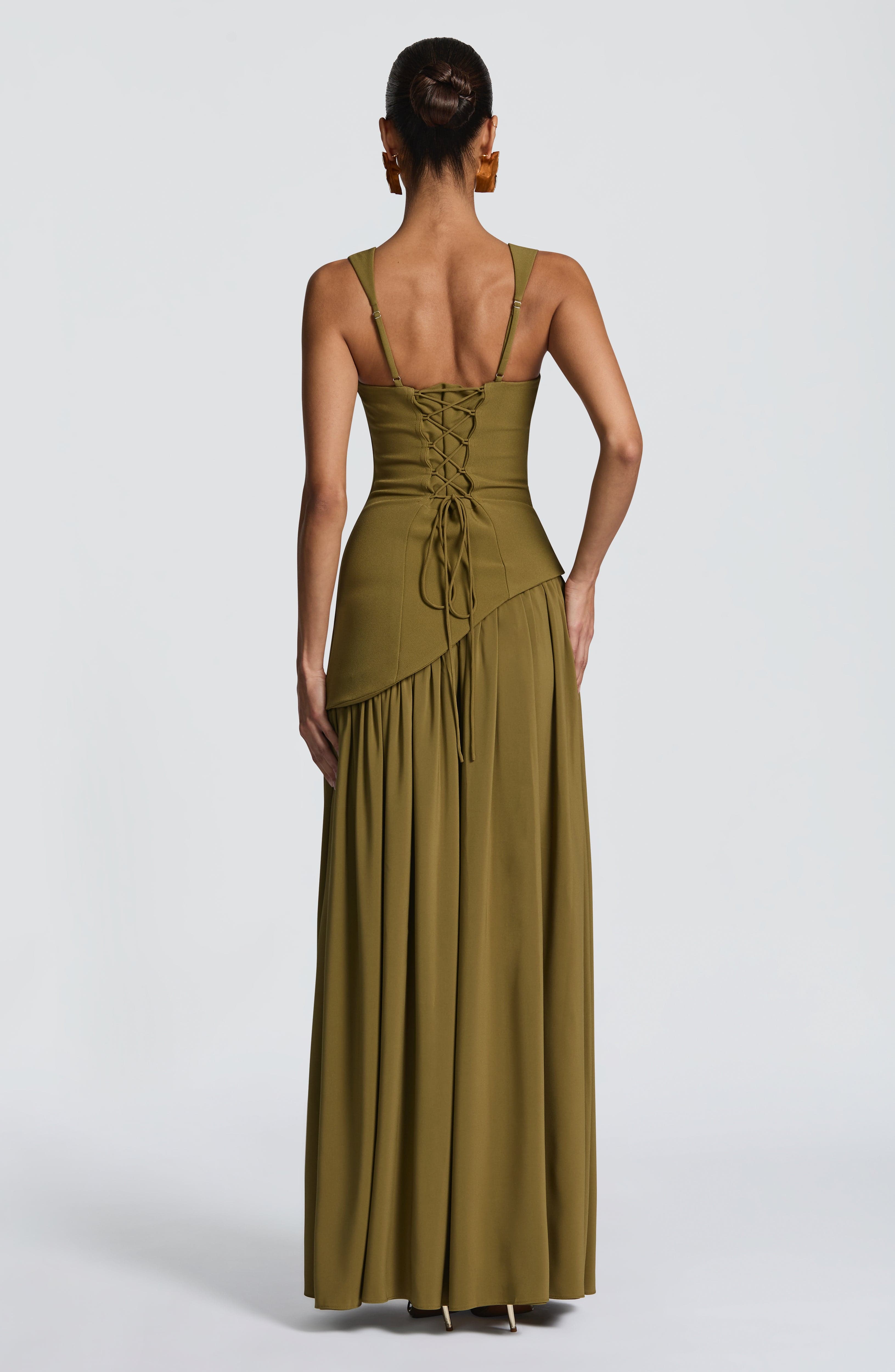 Valencia Maxi Dress – Deep Olive | Square-Neck Flowy Gown with Thigh Split | Formal Evening & Wedding Guest Dress