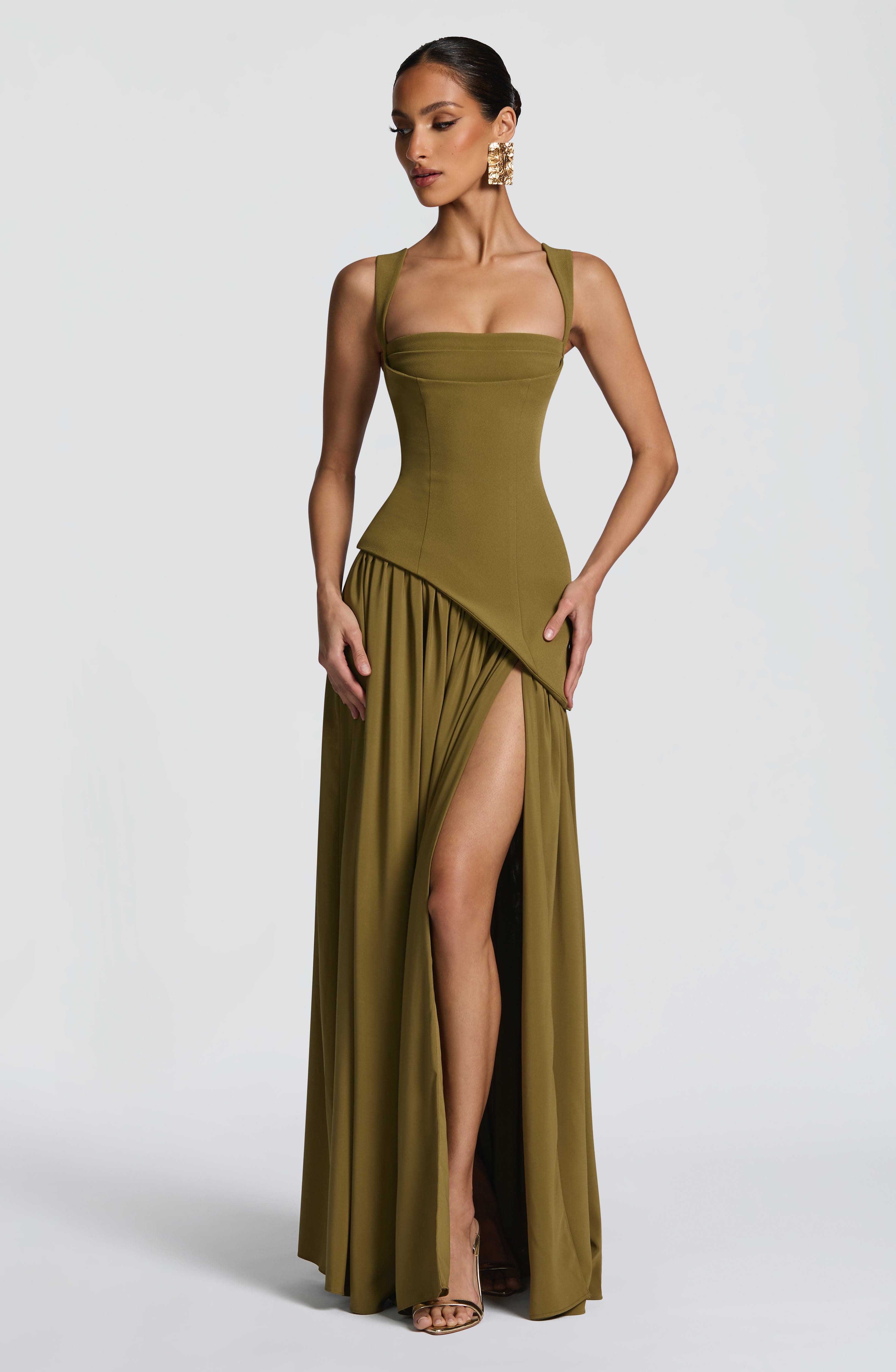 Valencia Maxi Dress – Deep Olive | Square-Neck Flowy Gown with Thigh Split | Formal Evening & Wedding Guest Dress